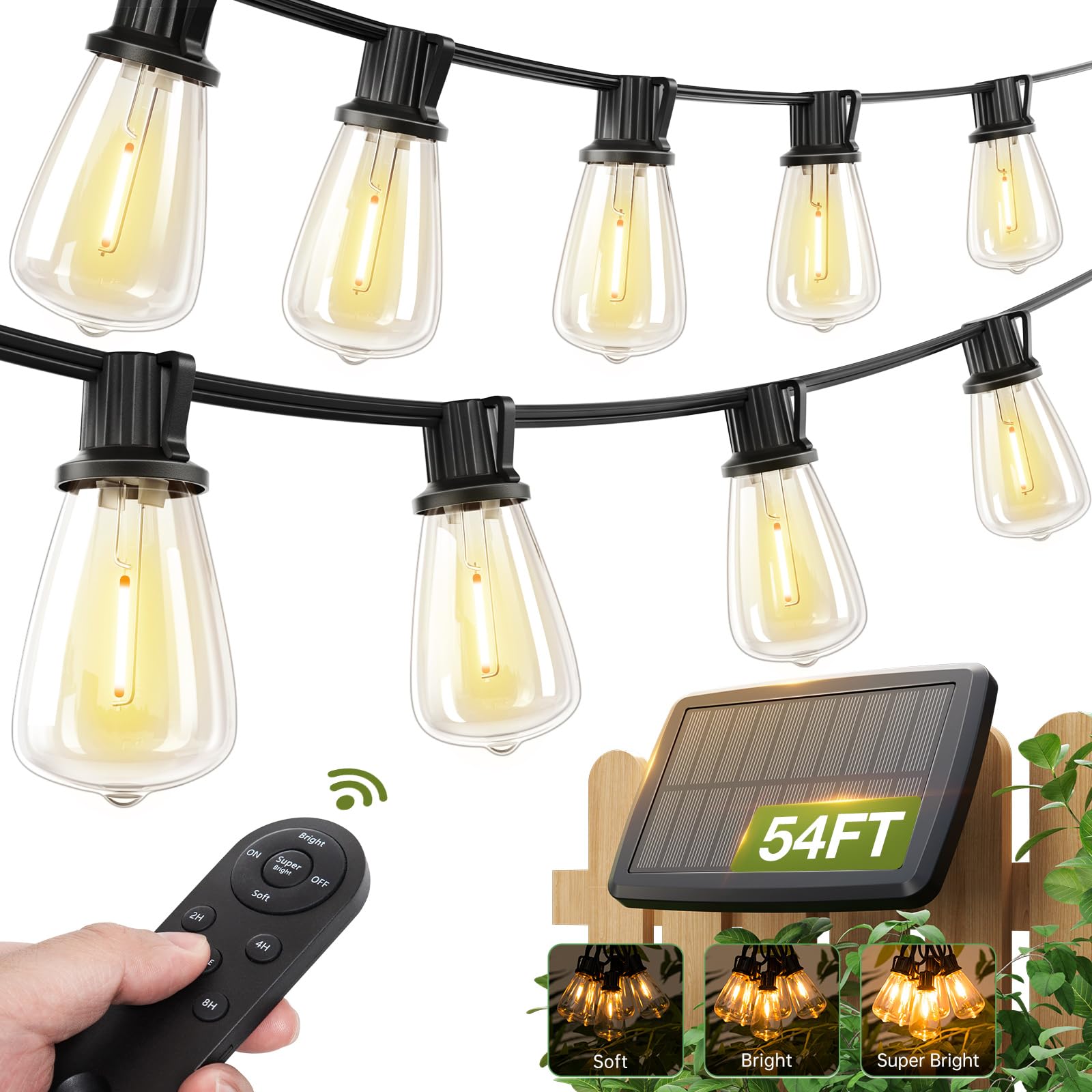 Addlon 54(48+6) Ft Solar String Lights Waterproof,Patio Lights Solar Powered With Remote & Usb Port 15+1 Led Shatterproof Bulbs
