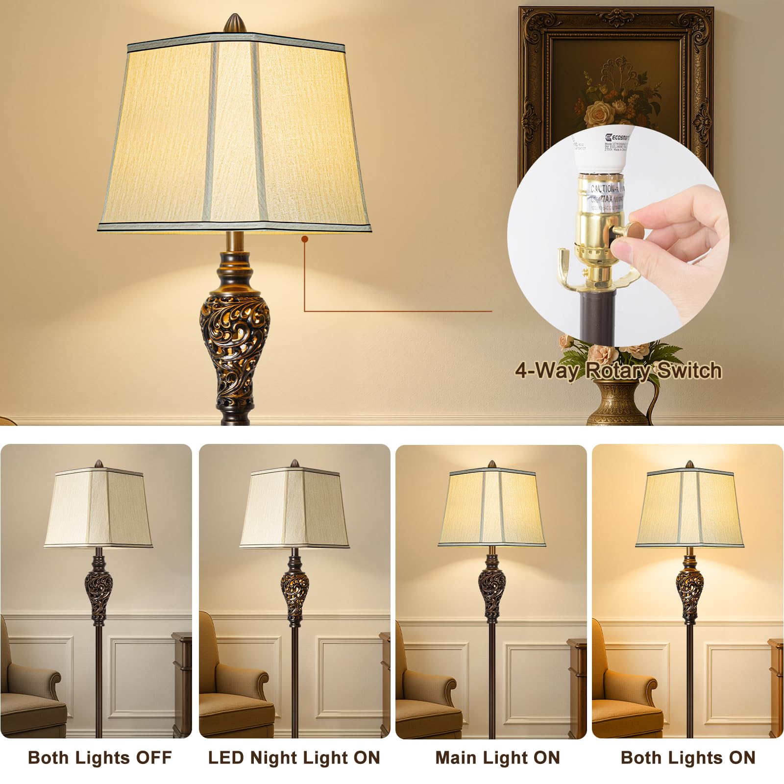 Vintage Floor Lamp With Night Light, 65'' Retro Standing Lamp With Brown Finish And Beige Faux Silk Shade, Farmhouse Industrial