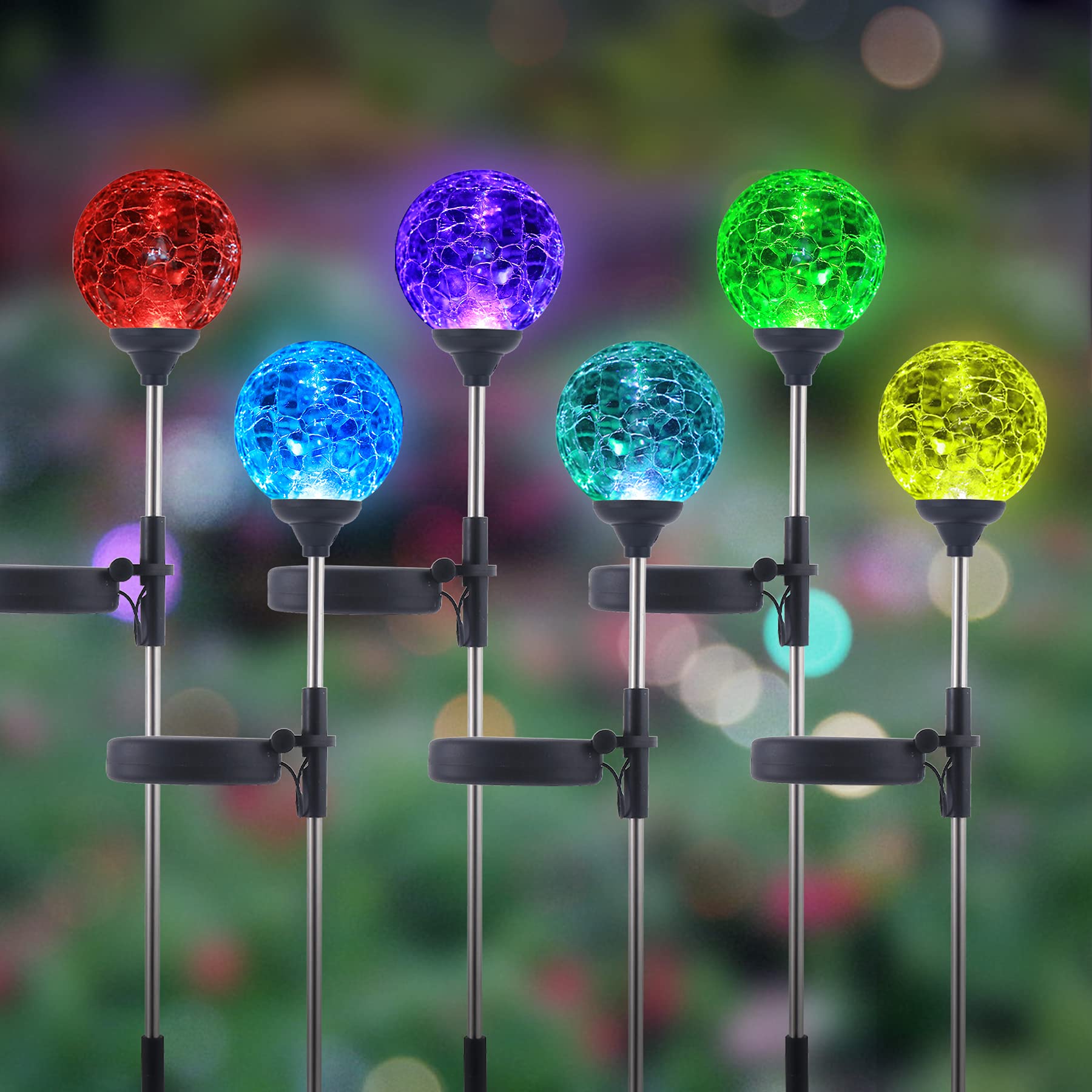 Wnp Color-Changing Solar Garden Lights, 6 Pack Cracked Glass Globe Stake Lights For Outdoor Decor
