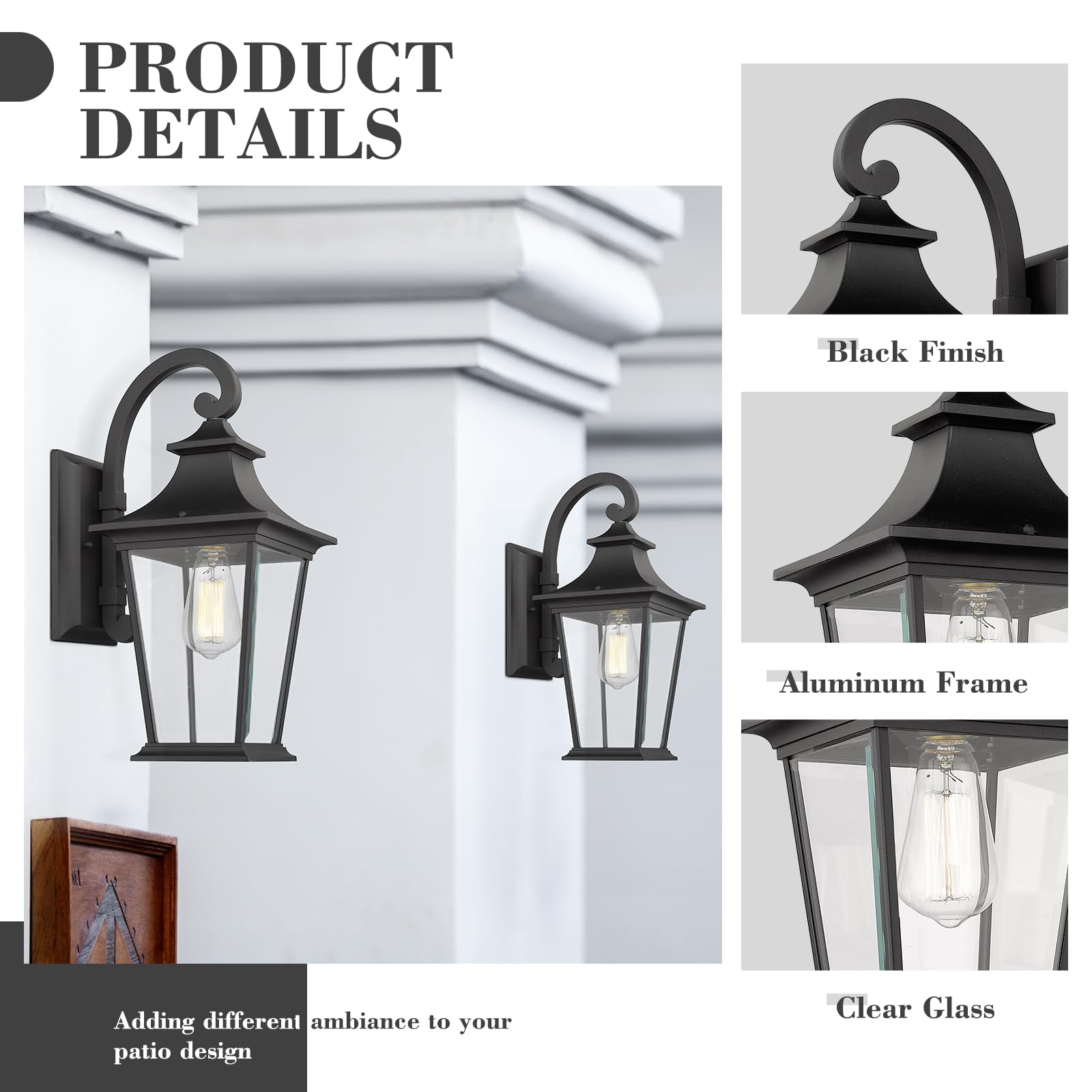 Emliviar Outdoor Wall Lantern, 1-Light Black Exterior Light With Clear Glass, 18&quot; Height