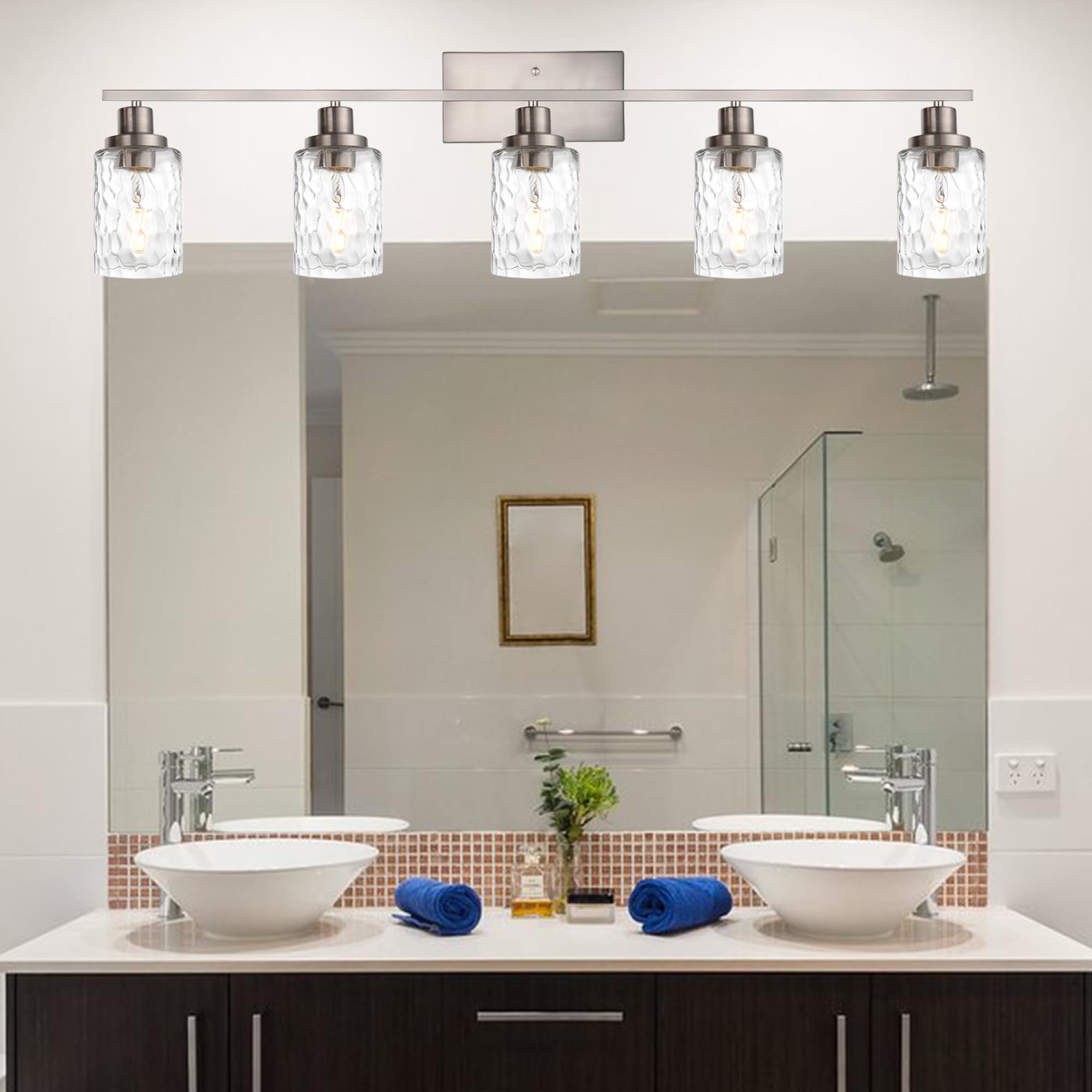 MELUCEE 5-Light Bathroom Vanity Light Fixture, Black Metal with Clear Hammered Glass Shade, Model ccdc2265-7ed4-4ea5-98d8-43e