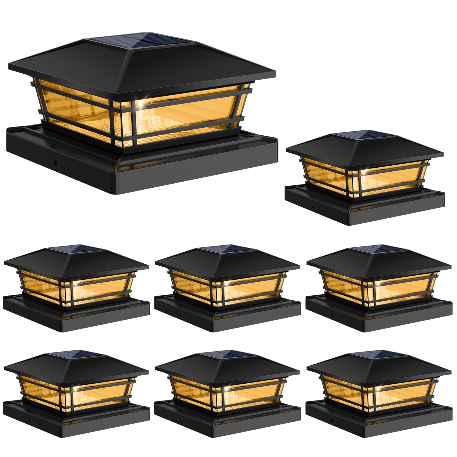Kipeini Solar Post Cap Lights Outdoor 8Pack [Led Bulb, 2 Brightness Setting] Fence Post Solar Lights Waterproof For 4X4 5X5 Or 5.5X5.5 Wood Posts, Warm Bright Bulb Lighting For Garden Deck Yard