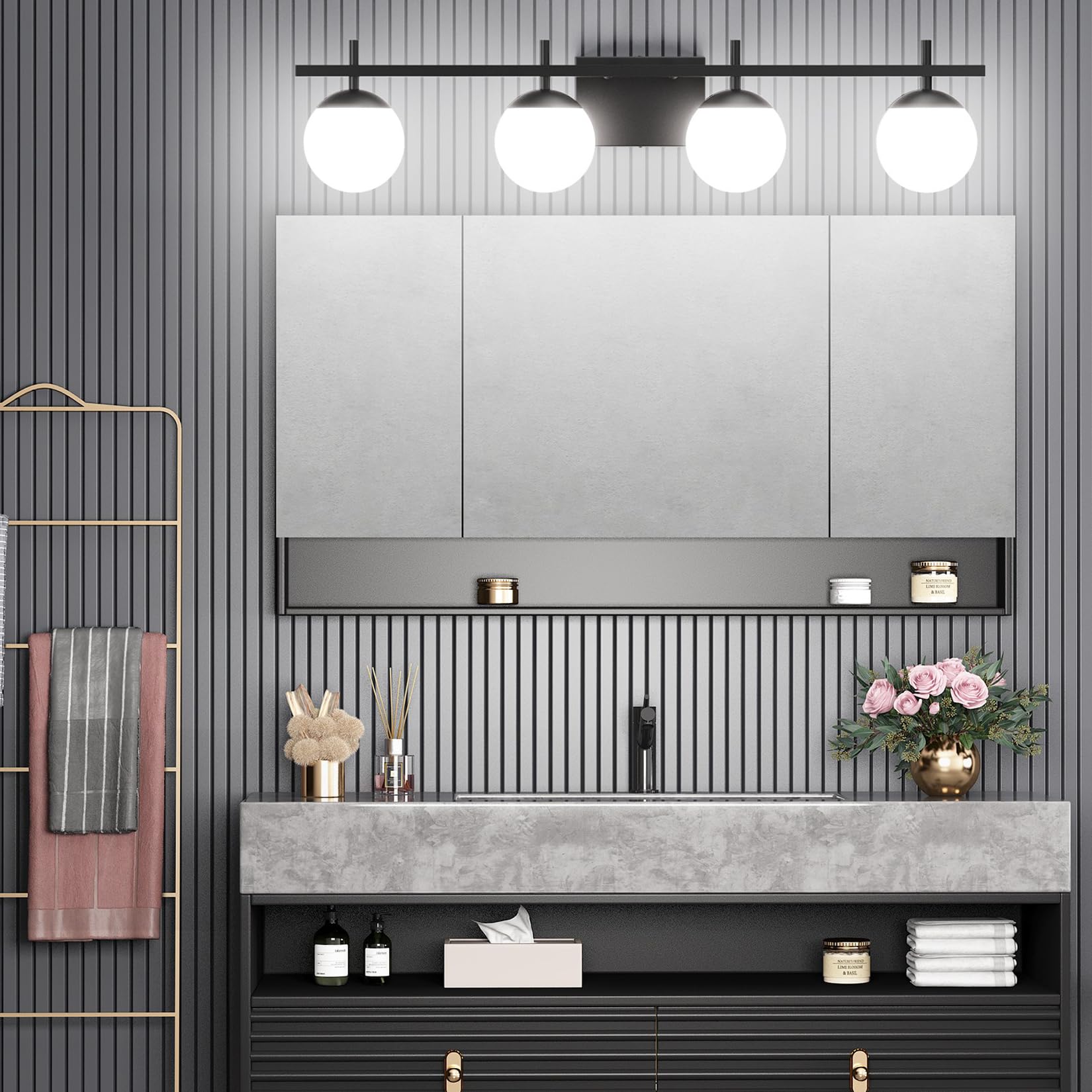 Ralbay Black Vanity Lights 4-Light Matte Black Mid Century Modern Aluminum Wall Light for Bathroom Over Mirror