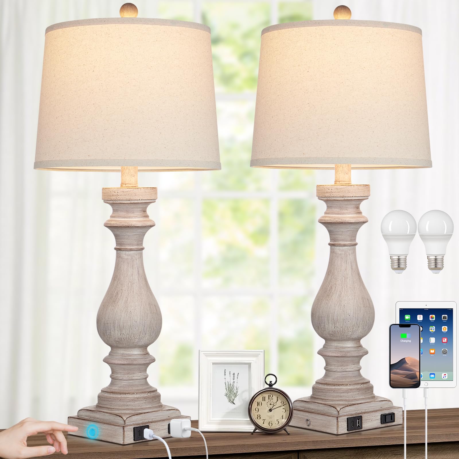 Rinweey 27.5" Farmhouse Table Lamp For Living Room Set Of 2,Vintage Bedside Lamps With Usb C+A Ports & Ac Outlet,3-Way Dimmable Touch Control Gray Washed Finish Nightstand For Bedroom, Gray