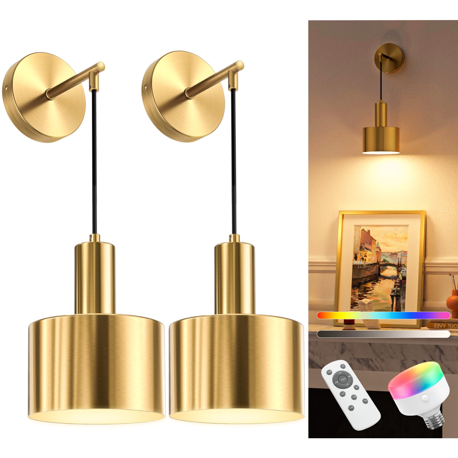 NIORSUN Wall Sconce Set of 2, Gold Wireless Rechargeable Lights, 5200mAh Dimmable Bulbs, Remote Control, Model 16203LGTF