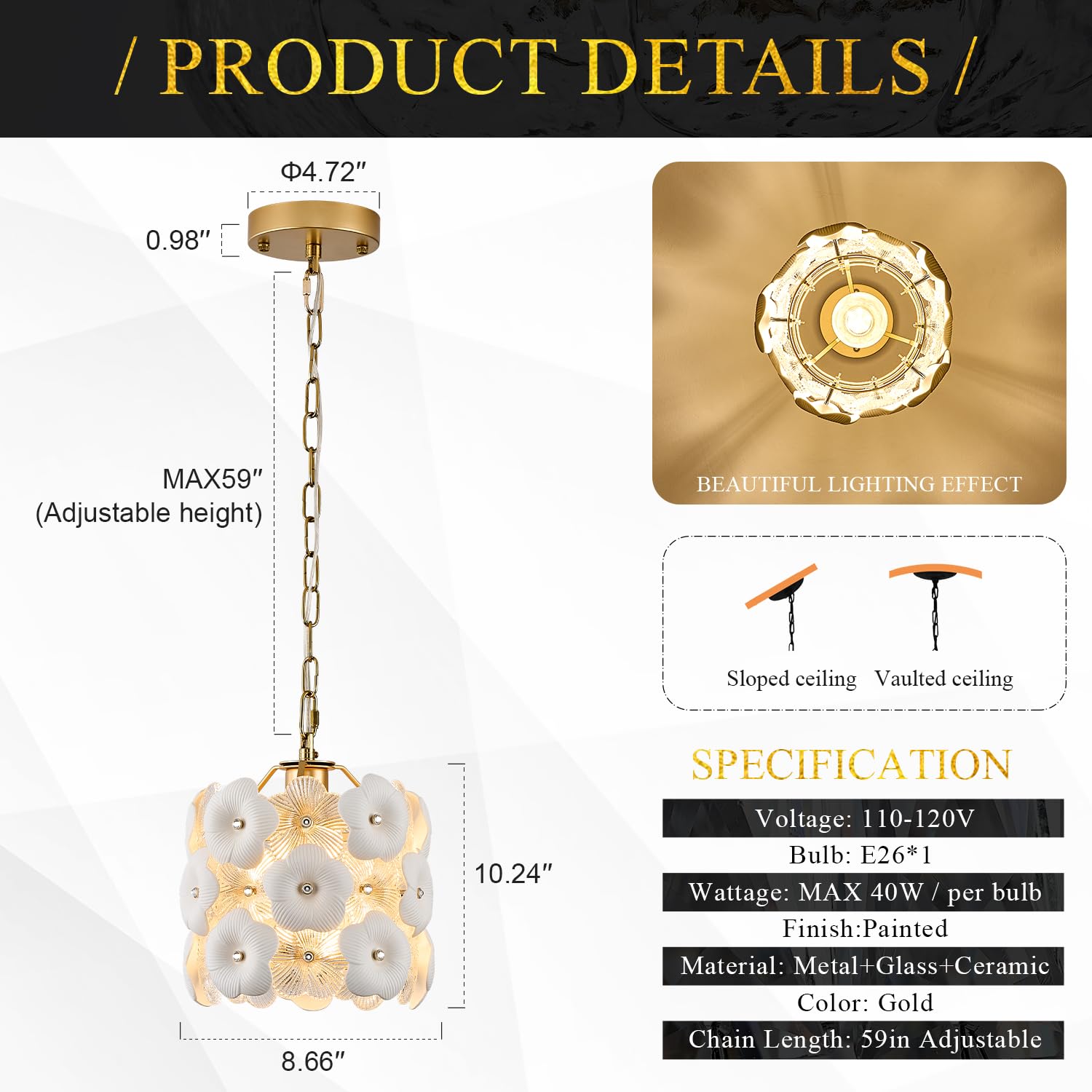 Poemoon Modern Flower Small Pendant Lighting 2-Pack Gold Glass Pendant Light With White Ceramic Flowers 1-Light For Kitchen Isla