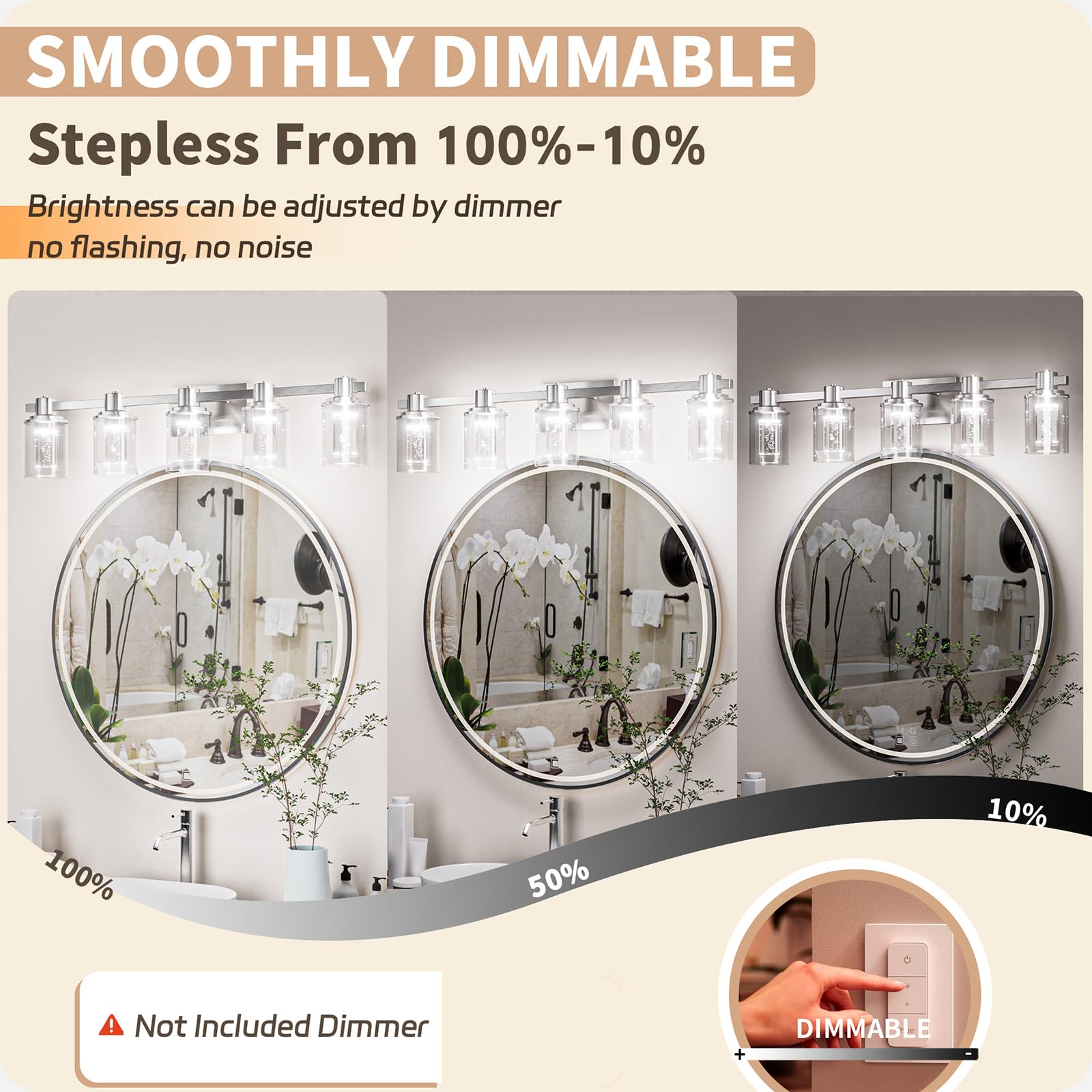Quntis 5-Light Bathroom Vanity Light Fixtures, Brushed Nickel, Dimmable with Glass Shade, Includes Bulbs, Model 5-Light