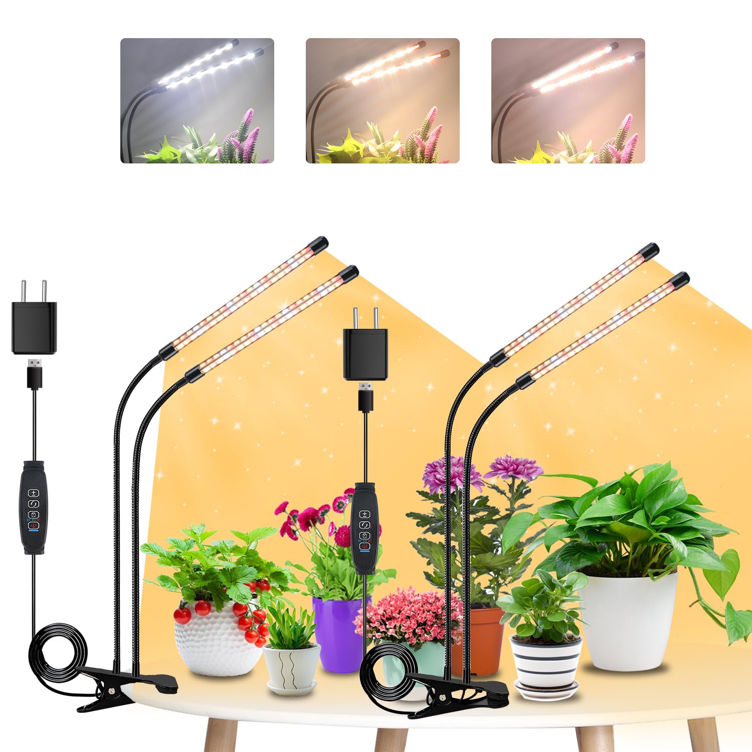 Sdovuerc Grow Lights For Indoor Plants, 4 Heads Full Spectrum Led Plant Lamps With Clips And 10 Feet Cables For Seeding Growing(2 Pack)