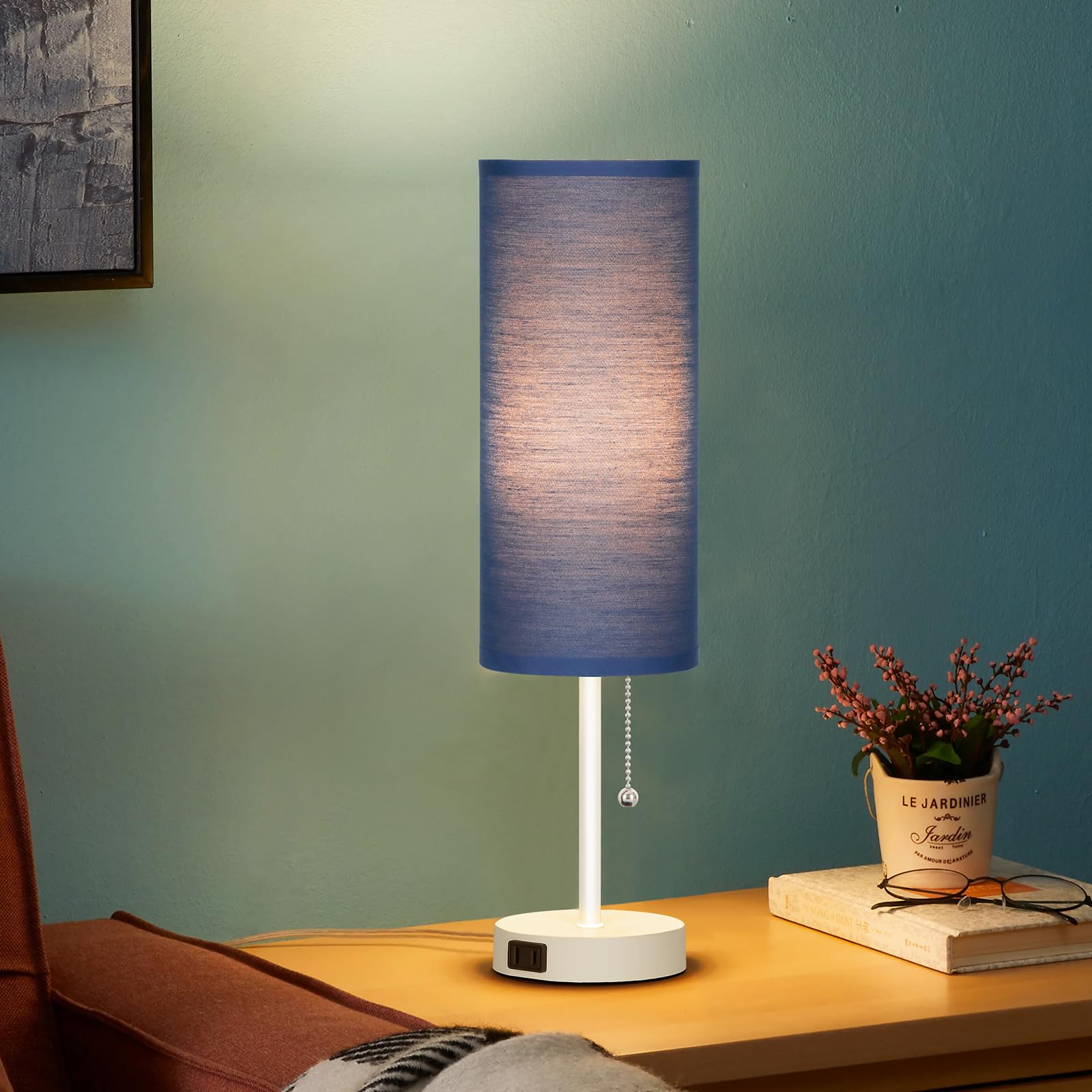 Dott Arts 18in Table Lamp for Bedroom, Blue-White Plastic, Pull Chain, Model RD-PTL6W-005, Bulb Included