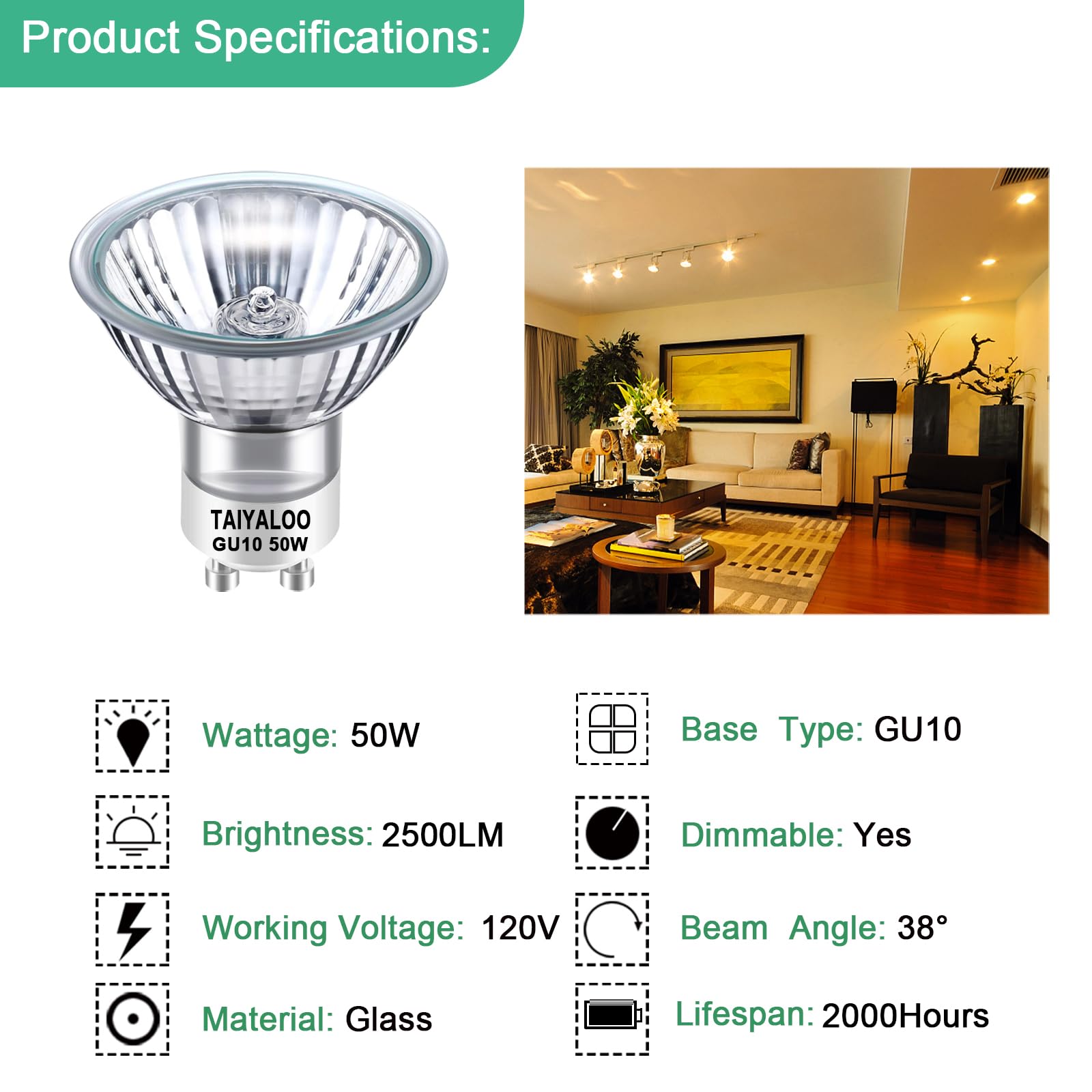 TAIYALOO GU10 Halogen Bulbs 50W Dimmable MR16 120V Warm White Pack of 4