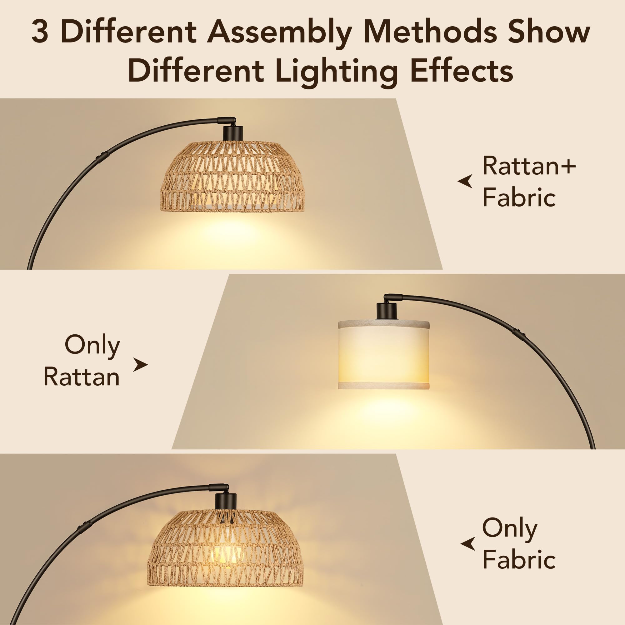 Rottogoon Arc Rattan Floor Lamps For Living Room With 3 Color Temperatures, Boho Floor Lamps With Foot Switch, Bohemian Farmhous