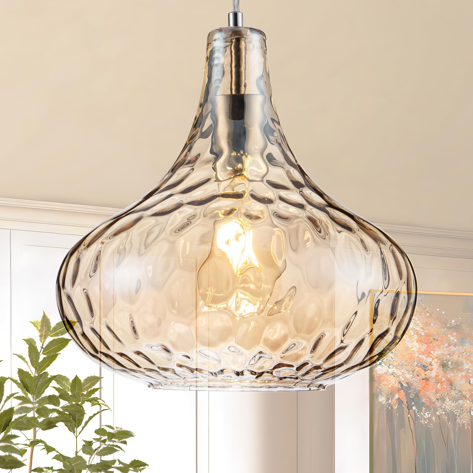 KOKAiZeeKi Amber Glass Pendant Light - 11-Inch Hammered Glass Ceiling Light with Brushed Nickel Finish  Adjustable Hanging Cord  Modern Lighting for Kitchen Island  Dining Room  Living Room & Hallway