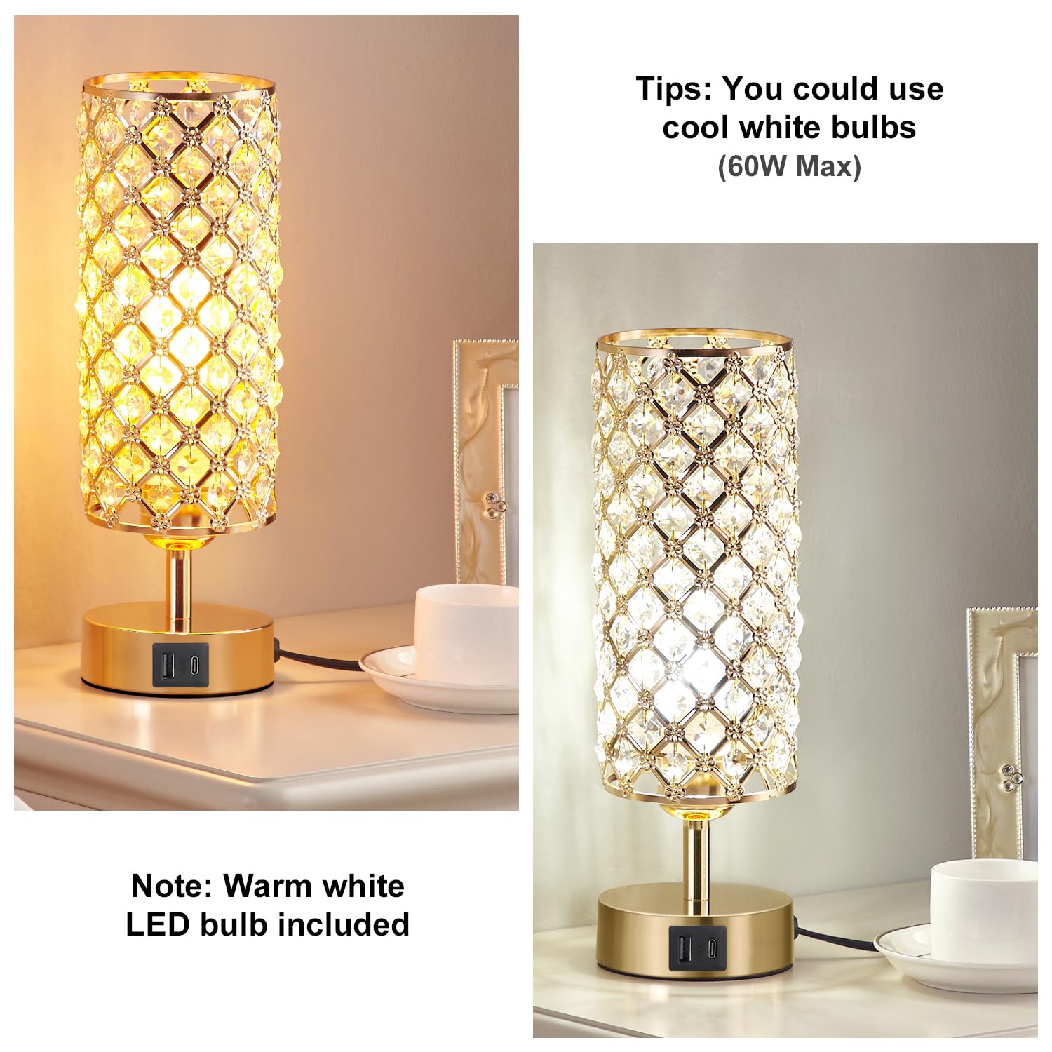Crystal Table Lamp, Gold Lamp For Bedroom With Usb-C Usb-A Charging Ports, 3 Way Dimmable Light With Crystal Lampshade, Bedside