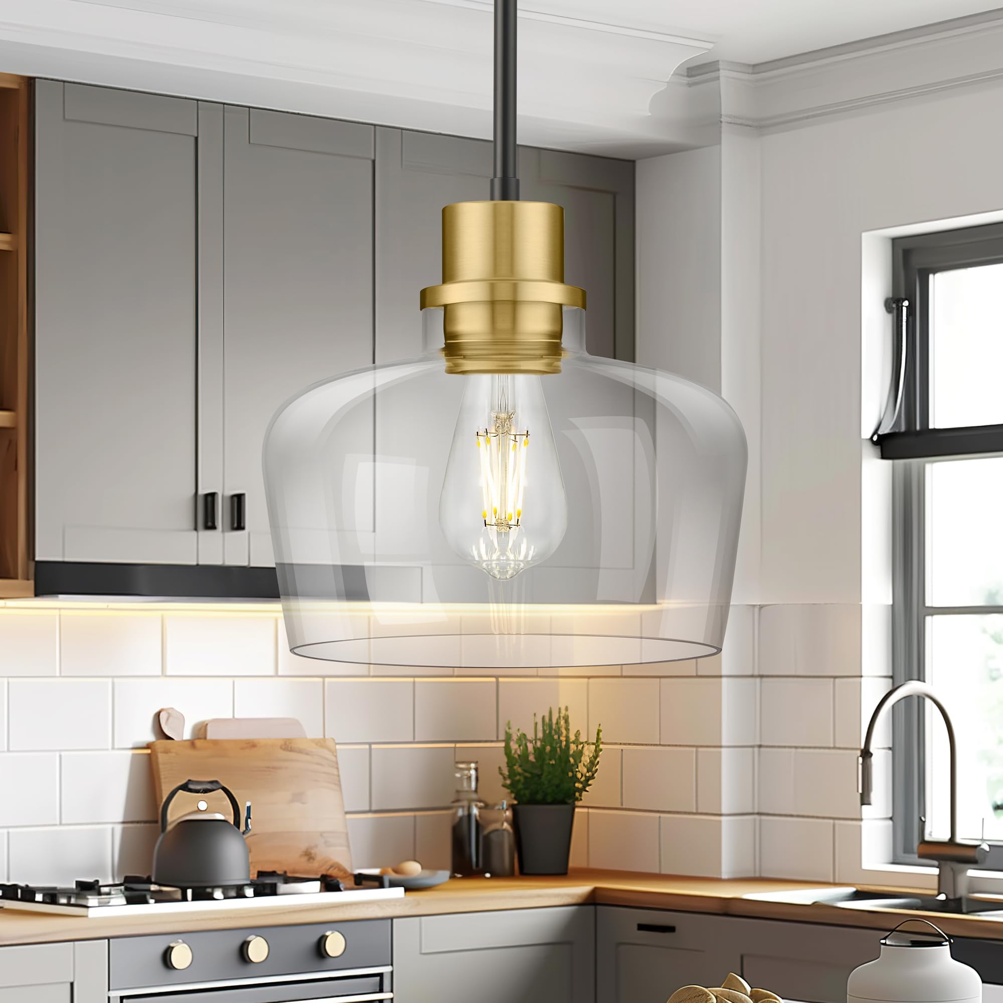Emak 8 Inch Modern Pendant Lights Kitchen Island, Farmhouse Black And Gold Pendant Light Fixtures With Clear Glass Shade For Kit