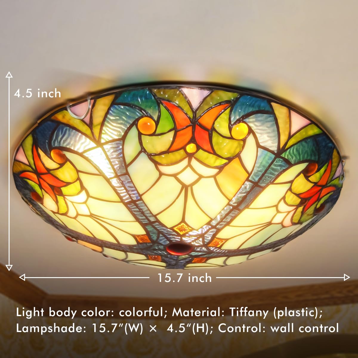 16'' Tiffany Style Flush Mount Ceiling Light,Vintage 3-Light Stained Glass Decor Chandeliers Light For Bedroom,Living Room,Entry