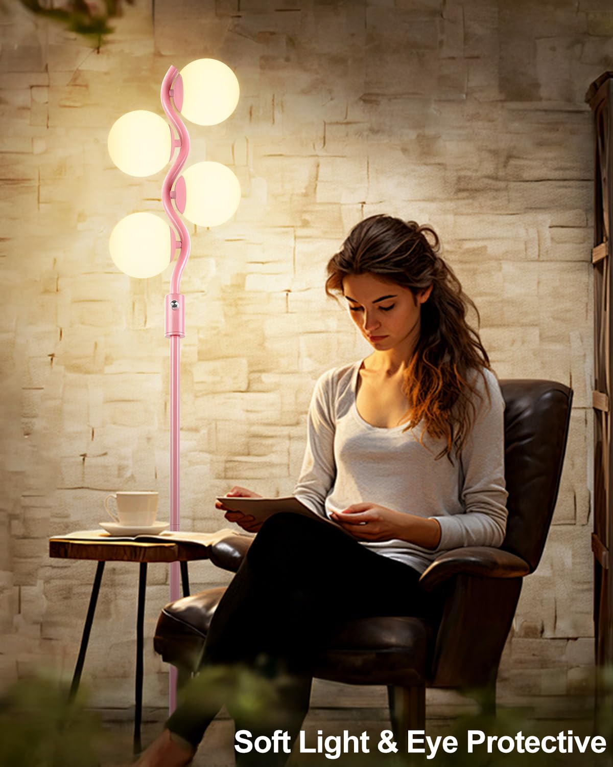 Lightdot 64In Dimmable Globe Floor Lamp, Pink Standing Lamps With 4Pcs 3000K G9 Bulbs Soft Warm White Eye Care, Mid Century Mode