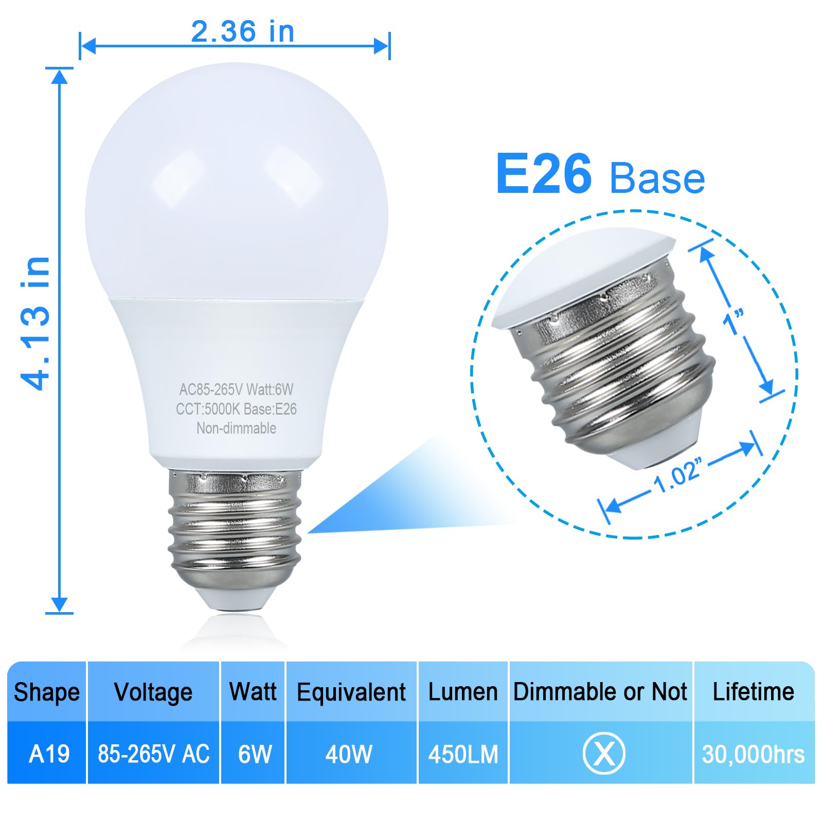 Marxlait 4 Pack Led Light Bulbs 40 Watt Equivalent, Daylight 5000K, A19 Standard Light Bulbs, E26 Medium Base, 120V, Non-Dimmabl