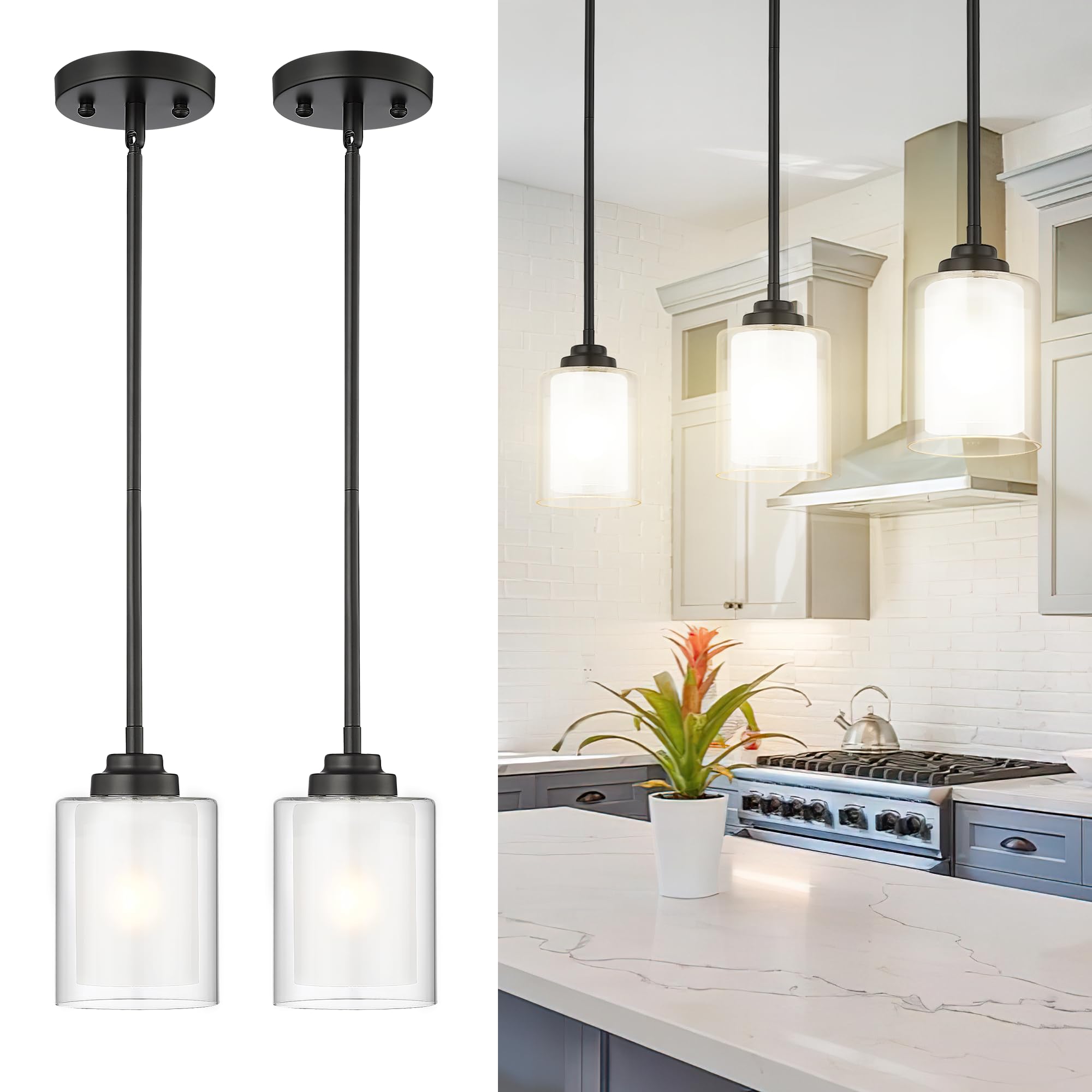 Tengxin Modern Pendant Light  Matte Black Pendant Lights Kitchen Island Farmhouse Pendant Lighting For Dining Room Bedroom Bar Office 2Pack Txplbk02-2Pk