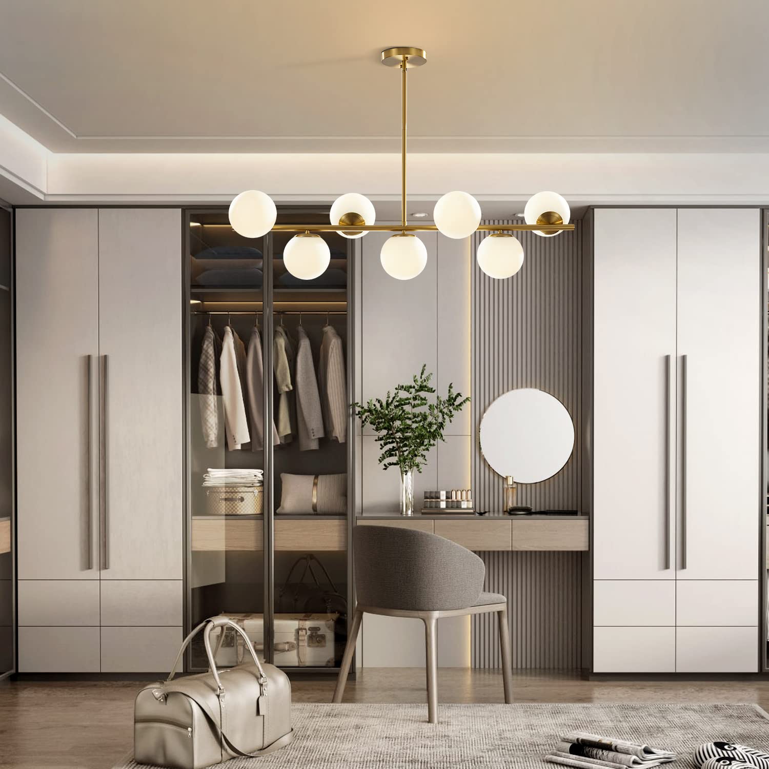 KCO Modern Brass Linear Chandelier Pendant Light, 7-Lights, Gold & White Glass, Mid Century Design for Living Room & Kitchen, Model L1043
