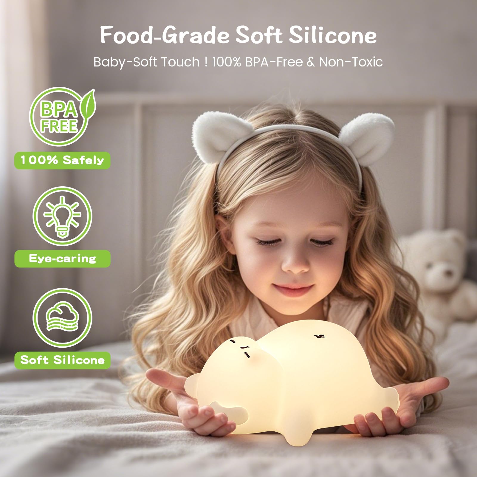 Snoring Bear Night Light - Adorable Gift for Kids, Babies, Moms & Seniors - Soft Silicone Sleep Lamp with Sound, 3 Brightness Le