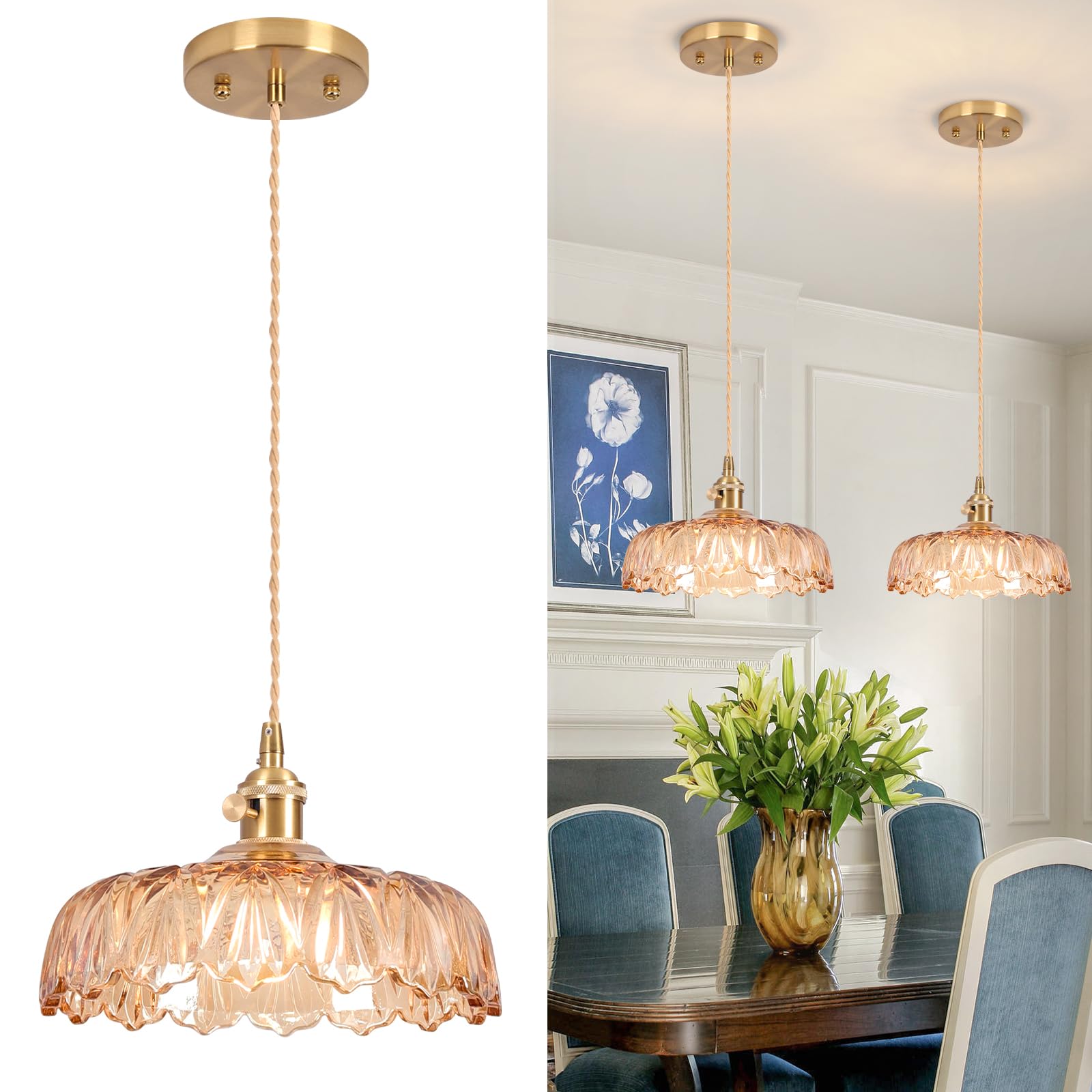 Loiogohot Glass Pendant Light Vintage Light Fixtures,Amber Modern Chandelier Pendant,E26 Pendant Lights Kitchen Island,9.4inch H