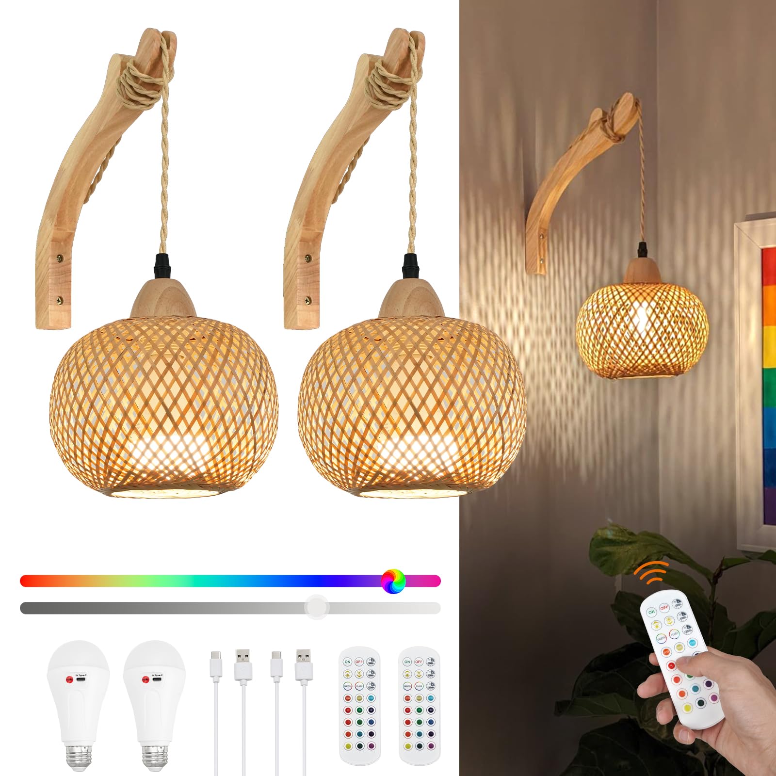 Frideko Rechargeable Battery Operated Wall Sconces Set Of Two With Remote, Rgb 15 Colors Dimmable Wireless Wall Light, Bamboo In