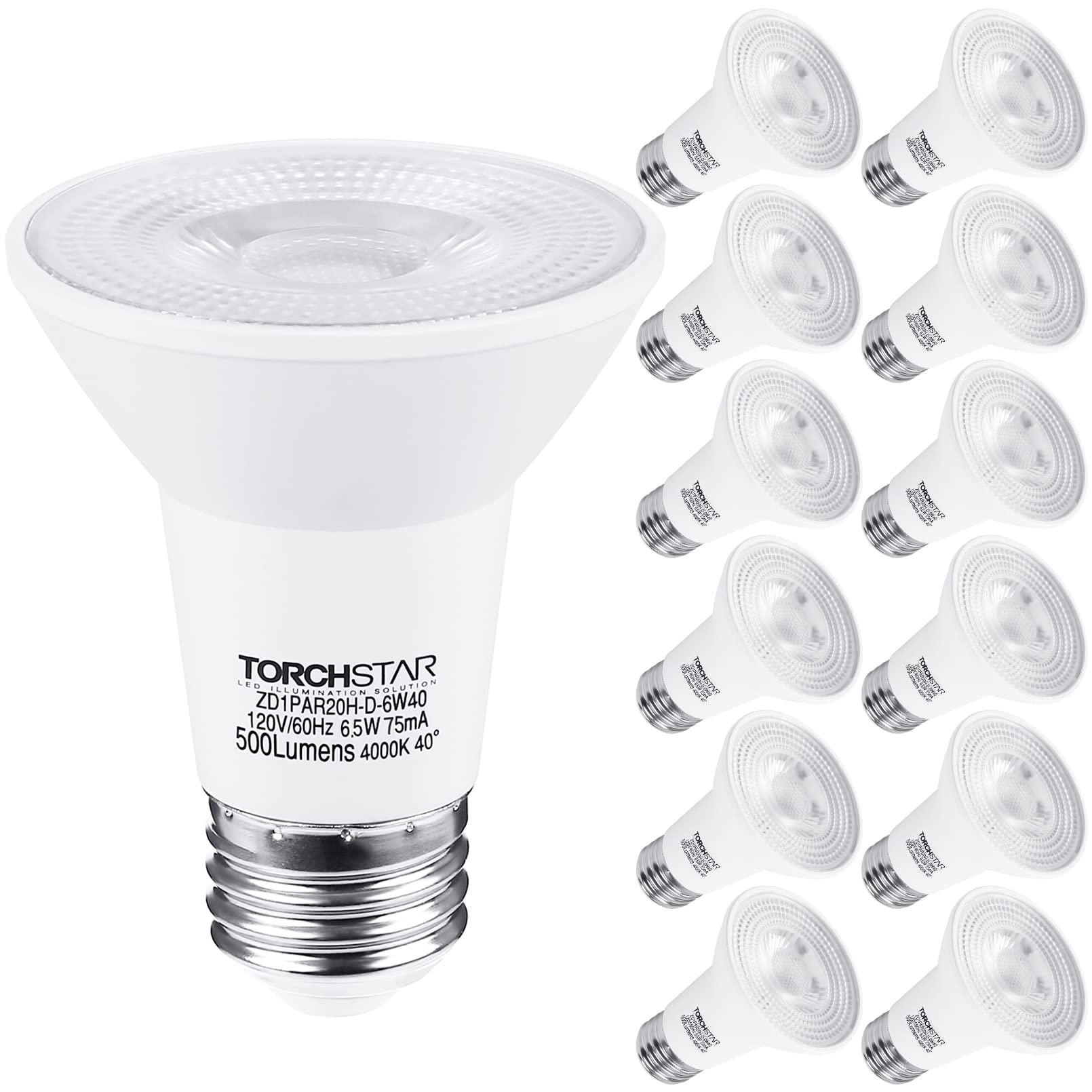 TORCHSTAR PAR20 LED Bulbs 12-Pack, Dimmable 500 LM, 4000K Cool White, 6.5W, E26 Medium Base, Model 74532