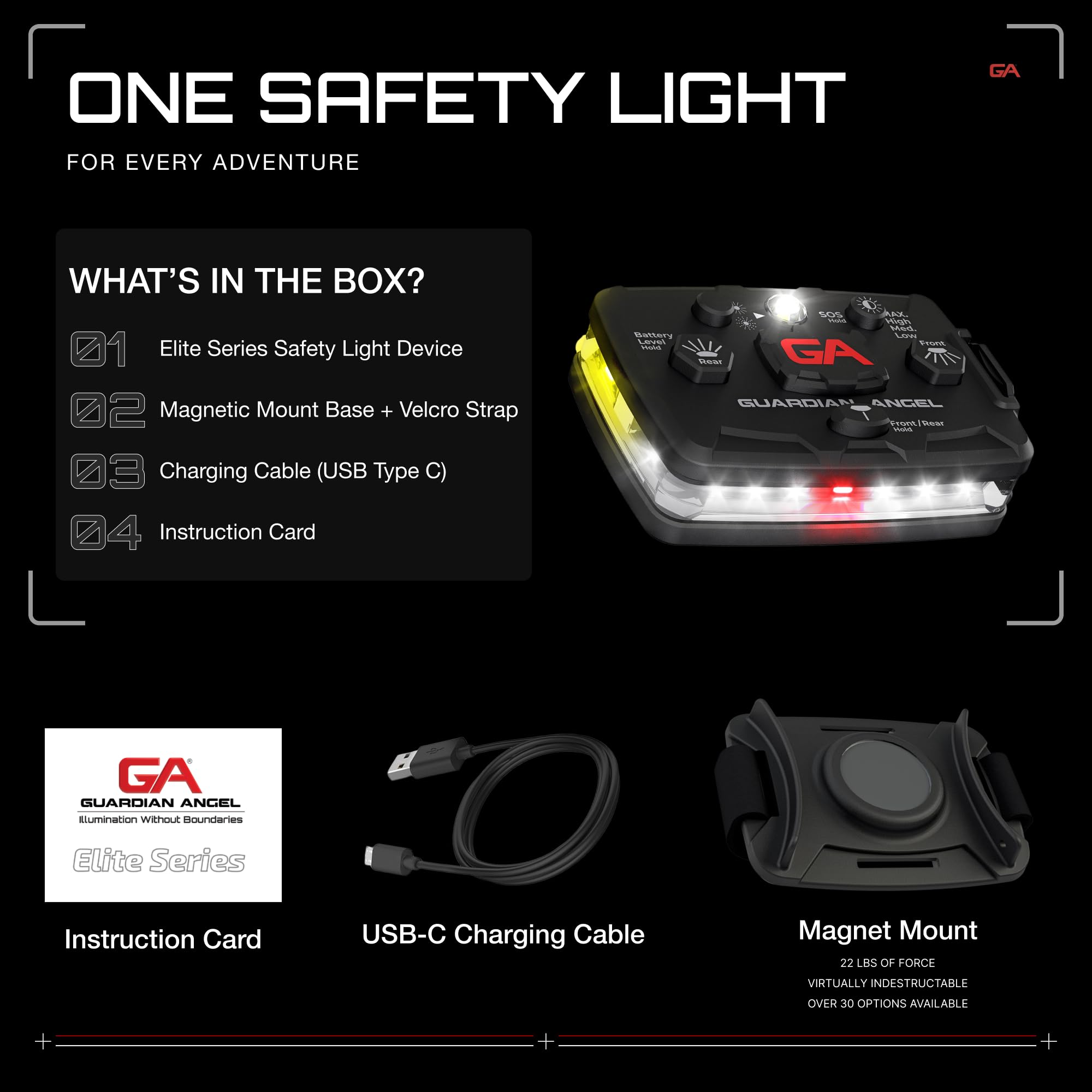 Guardian Angel Elite Series Safety Light, Beacon Device (White Front & White/Yellow Rear) Rechargeable, Magnetic, Hands-Free Wea