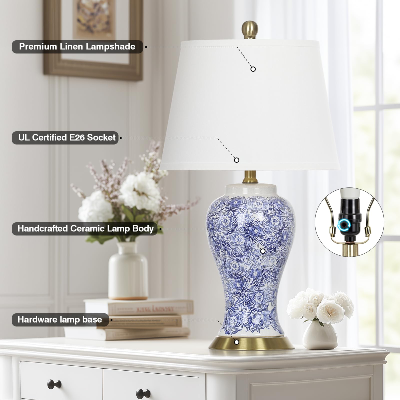 Cinkeda 25'' Blue And White Chinoiserie Ceramic Table Lamp - Elegant Ginger Jar Design For Transitional Style Living Rooms, Bedr