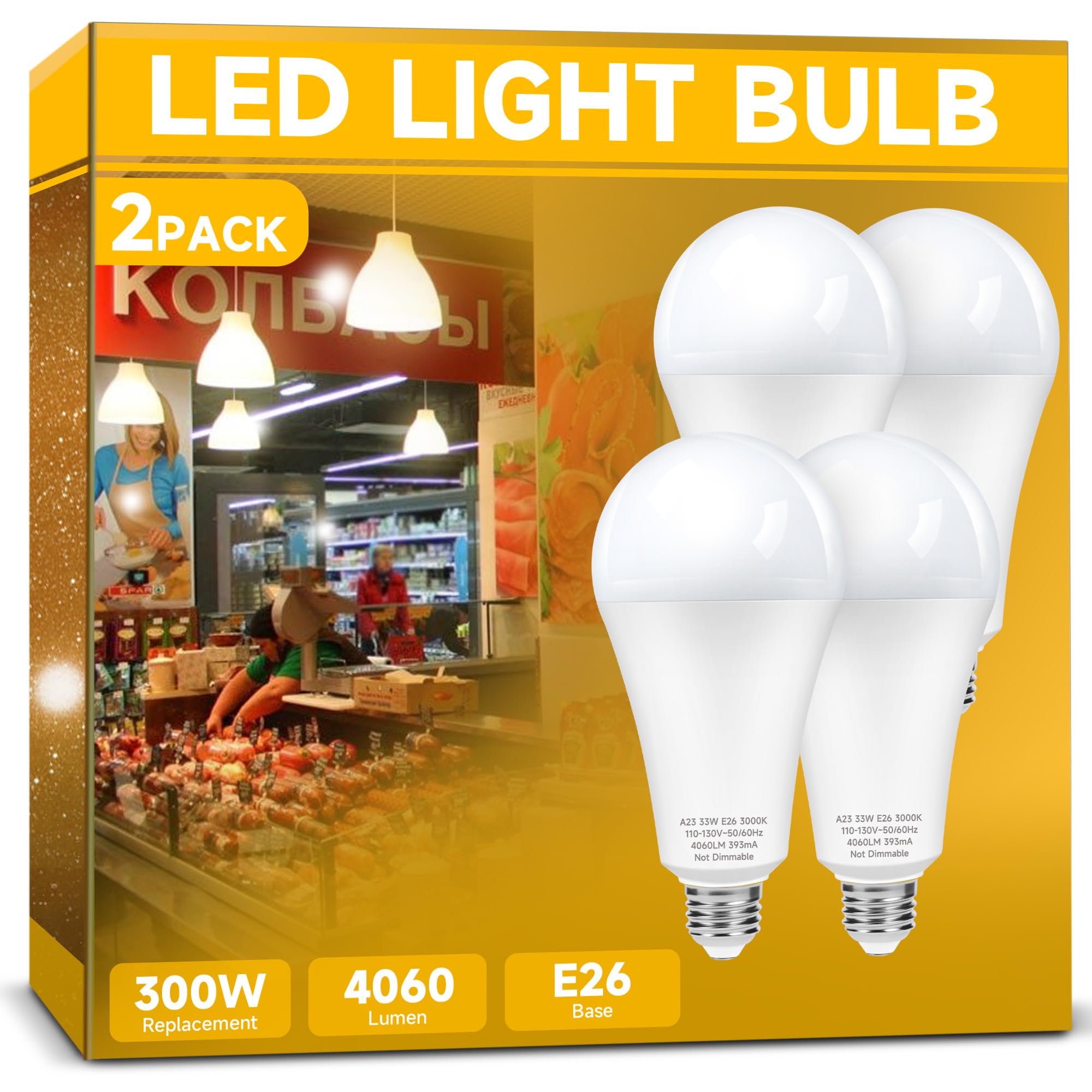 Prosperbiz 300W Equivalent Led Light Bulb, Super Bright 4060 Lumen Warm White 3000K, A23 E26 Medium Base 33 Watt Led Bulb For Ga