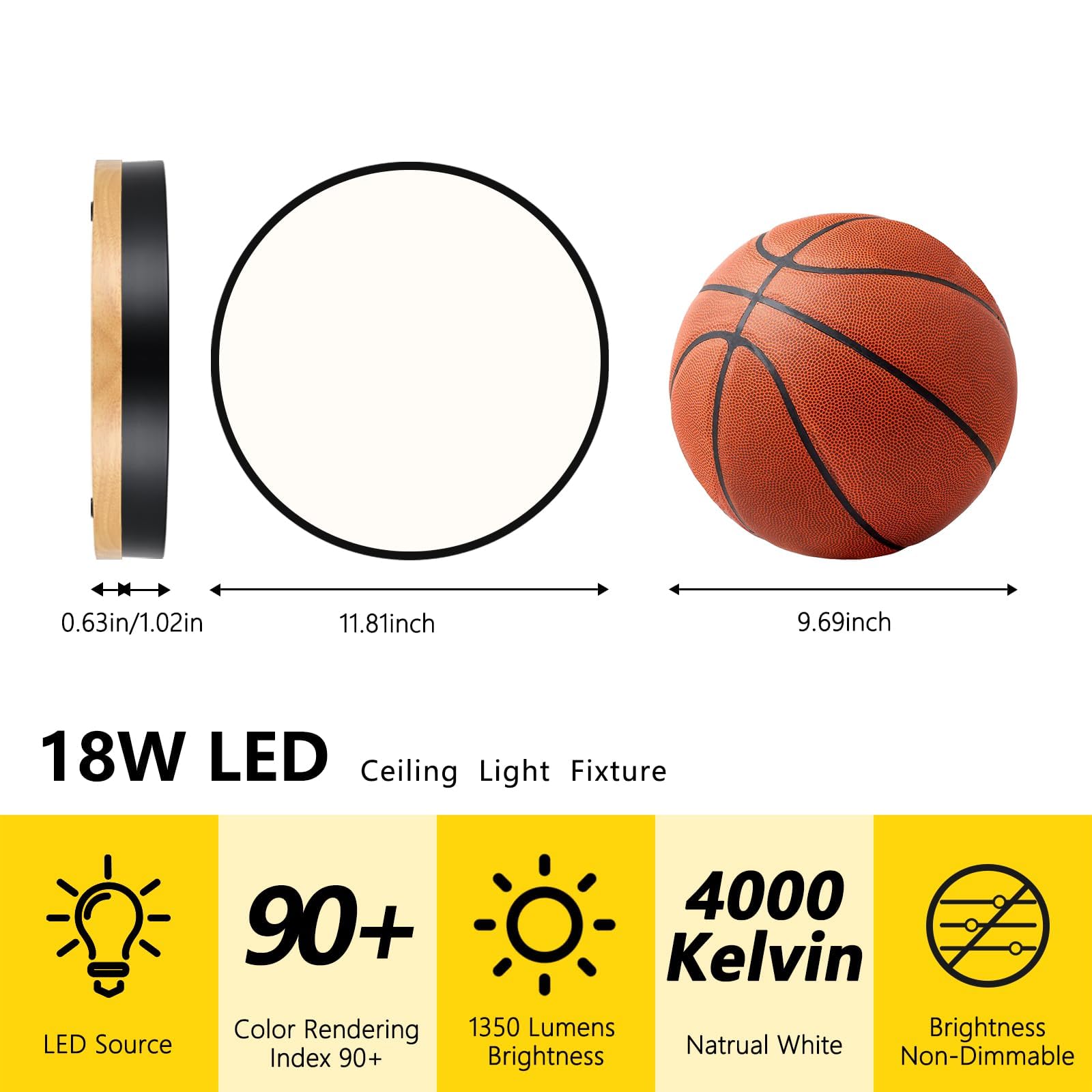 VIOLOEMI Modern Wood Ceiling Light, Round LED Flush Mount, Black, Metal, 11.81 Inch, Model VL23323001