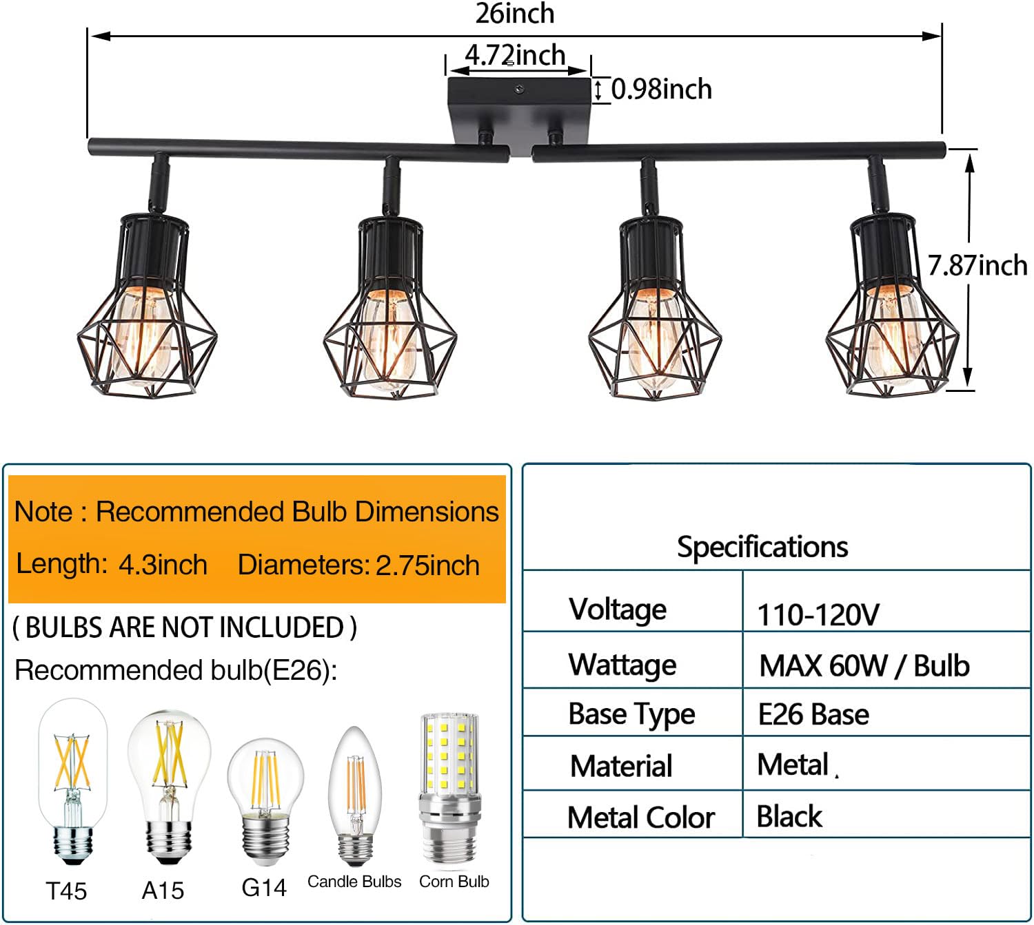 Banganma 3 Light Track Lighting Fixtures Ceiling,Black Flush Mount Ceiling Light With E26 Lamp Head, Industrial Black Kitchen Tr