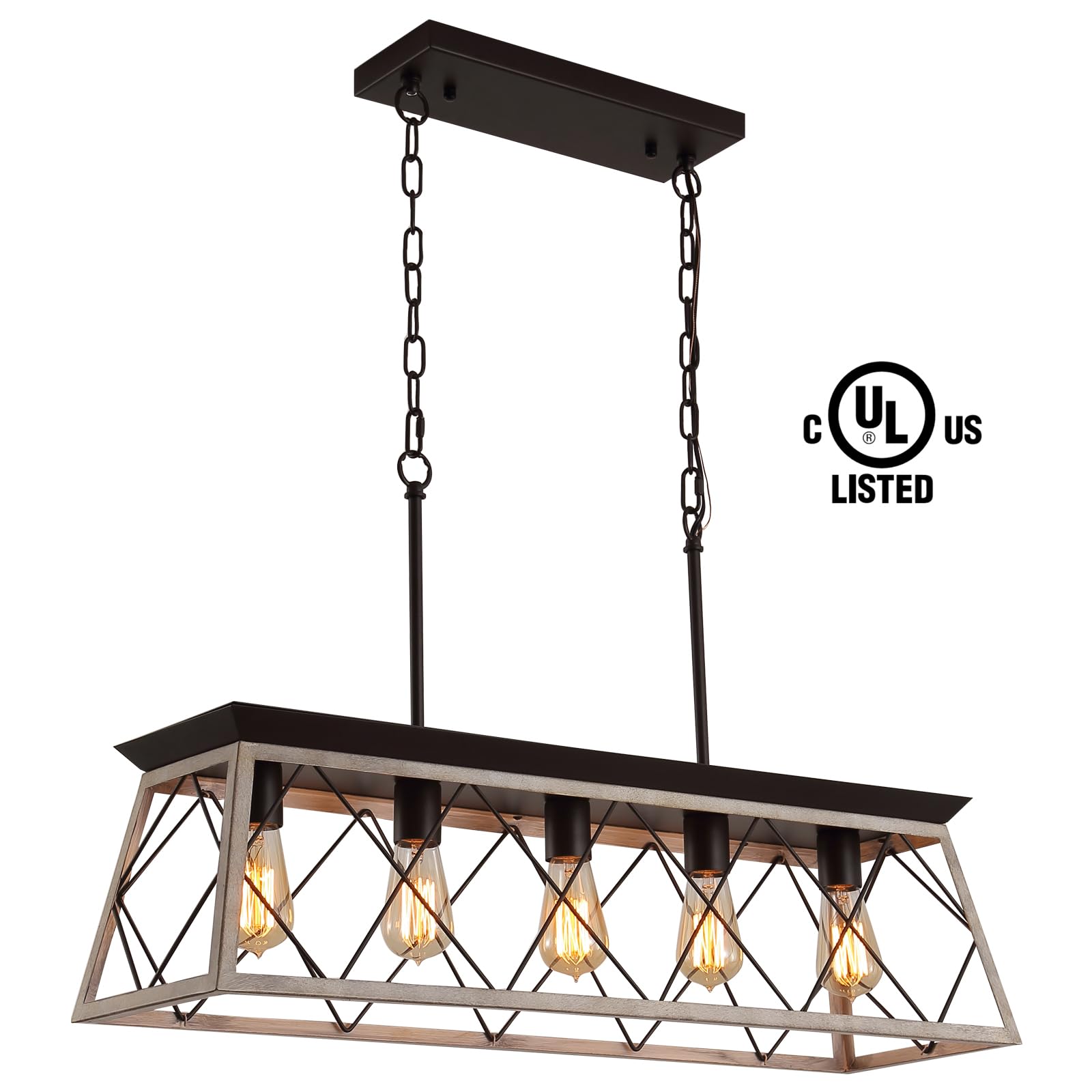 Q&S 5-Light Rustic Vintage Chandelier, Oak & Orb Pendant Fixture For Kitchen, Bar, Office