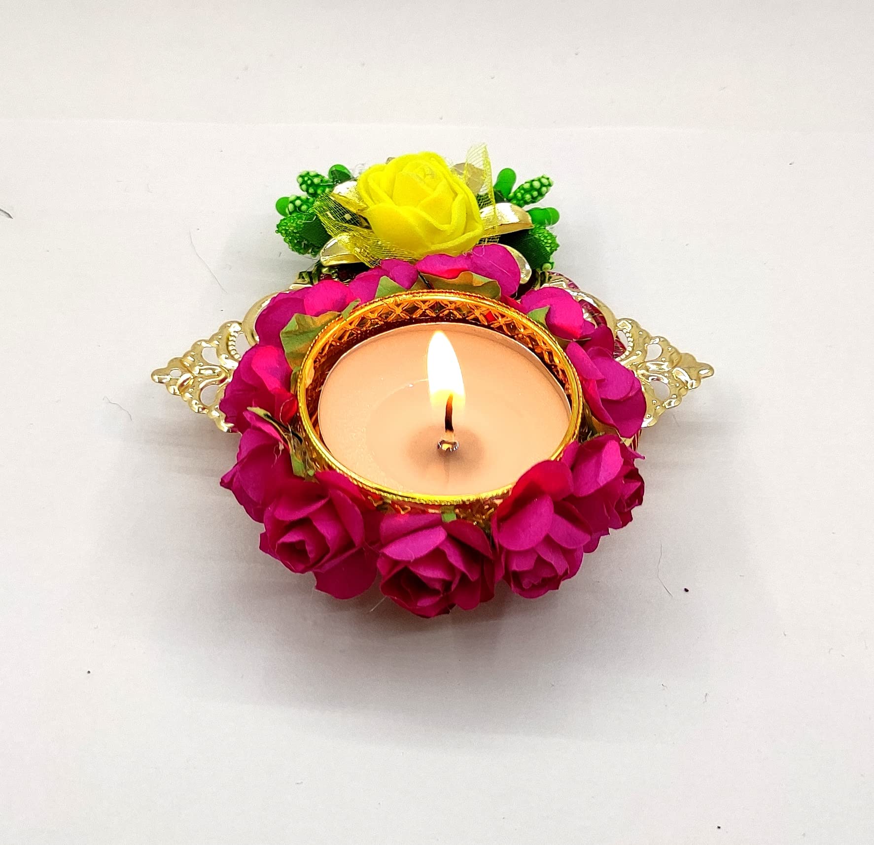 Vibhushita Pack of 2 Metal and Plastic Designer Yellow Pink Flowers Decorative Handmade Diwali Oil Wax Lamp with 2 T-Light Candl