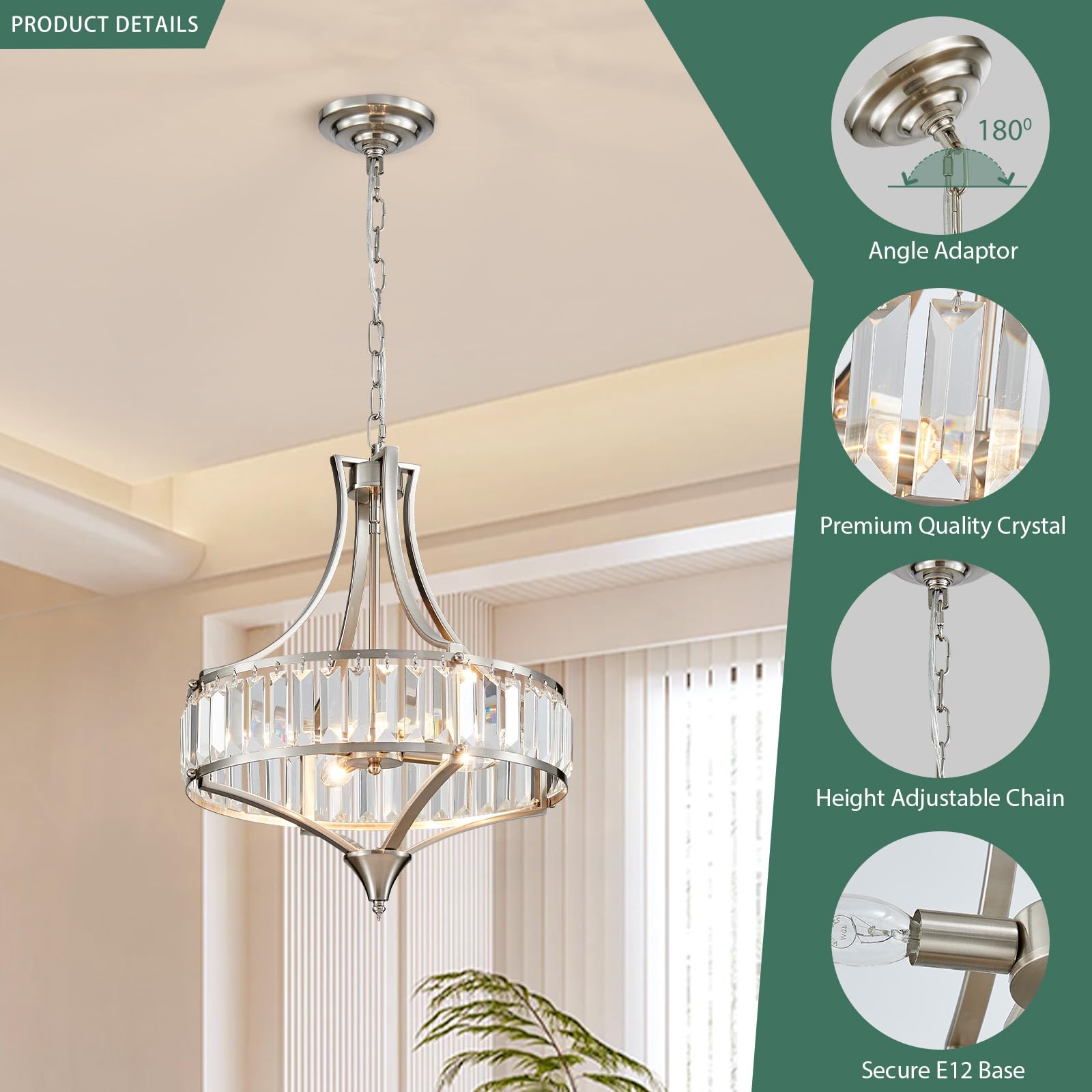 Avzkcy Modern Crystal Chandelier, 15.7" Adjustable Brushed Nickel Pendant Light for Living Room, Kitchen, Dining Room