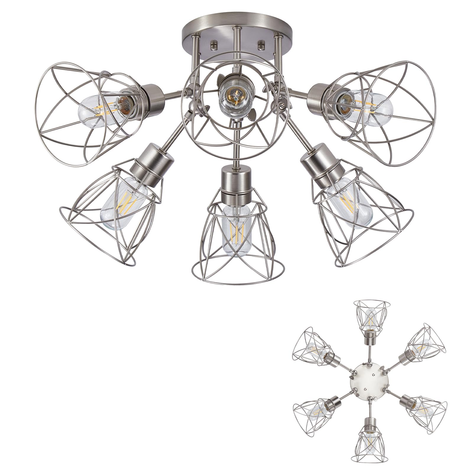 HDASIC 6-Light Farmhouse Flush Mount Ceiling Light Fixture, Industrial Large 6-Bulb Brushed Nikcel Kitchen Lighting Fixtures Cei