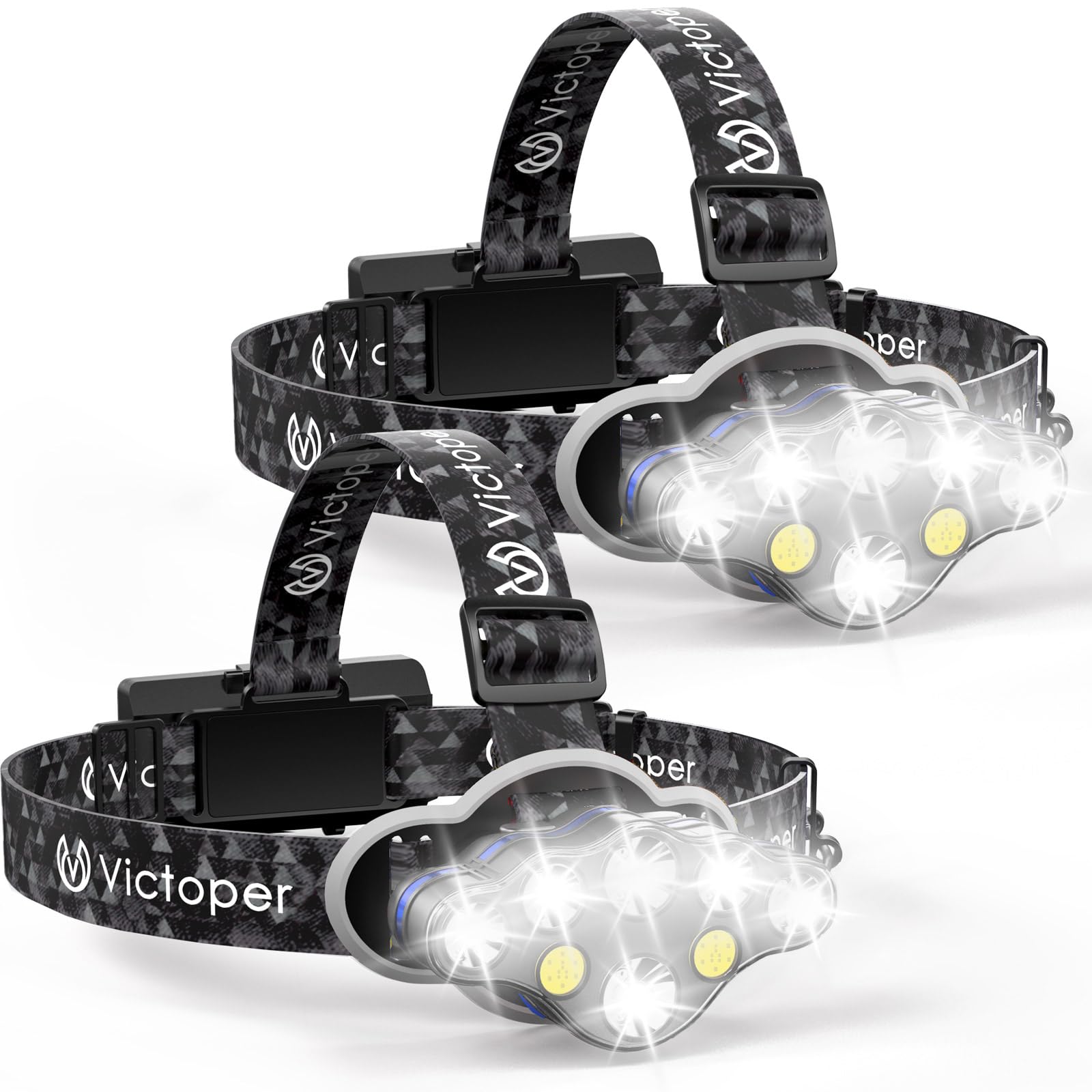 Rechargeable Headlamp 2 Pack, 8 Led 18000 High Lumen Bright Head Lamp With Red Light, Lightweight Usb Head Light, 8 Mode Waterpr