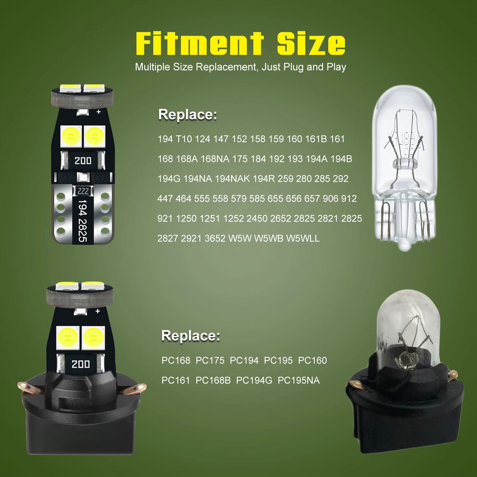 DODOFUN 12V LED Bulb Replacement for Instrument Cluster, White, Polycarbonate, Compatible with T5, T10, PC74, PC194, and More