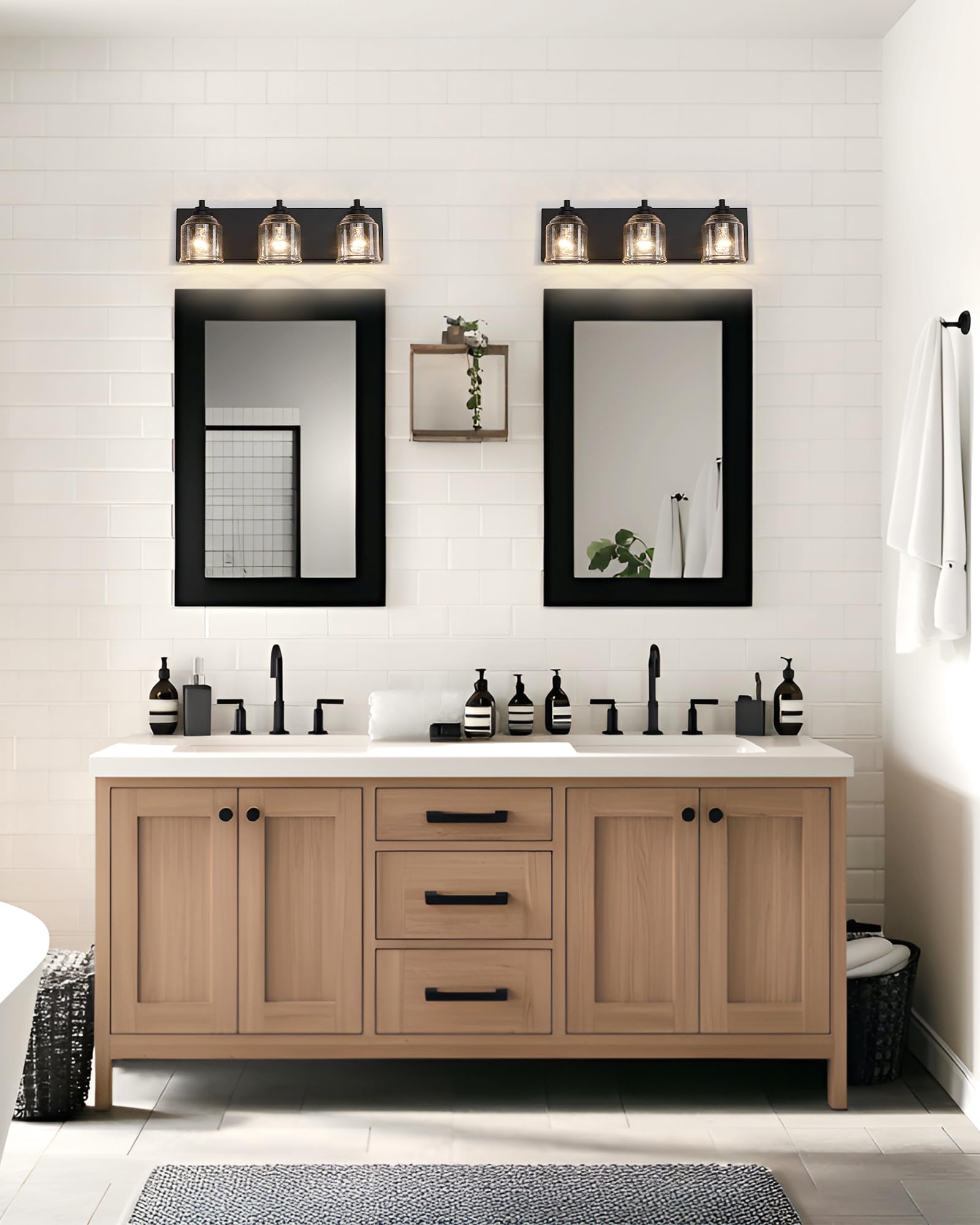 YKLITG 3-Light Farmhouse Bathroom Vanity Light, Black Metal with Bubble Glass Shades, Model BD005-3-MB