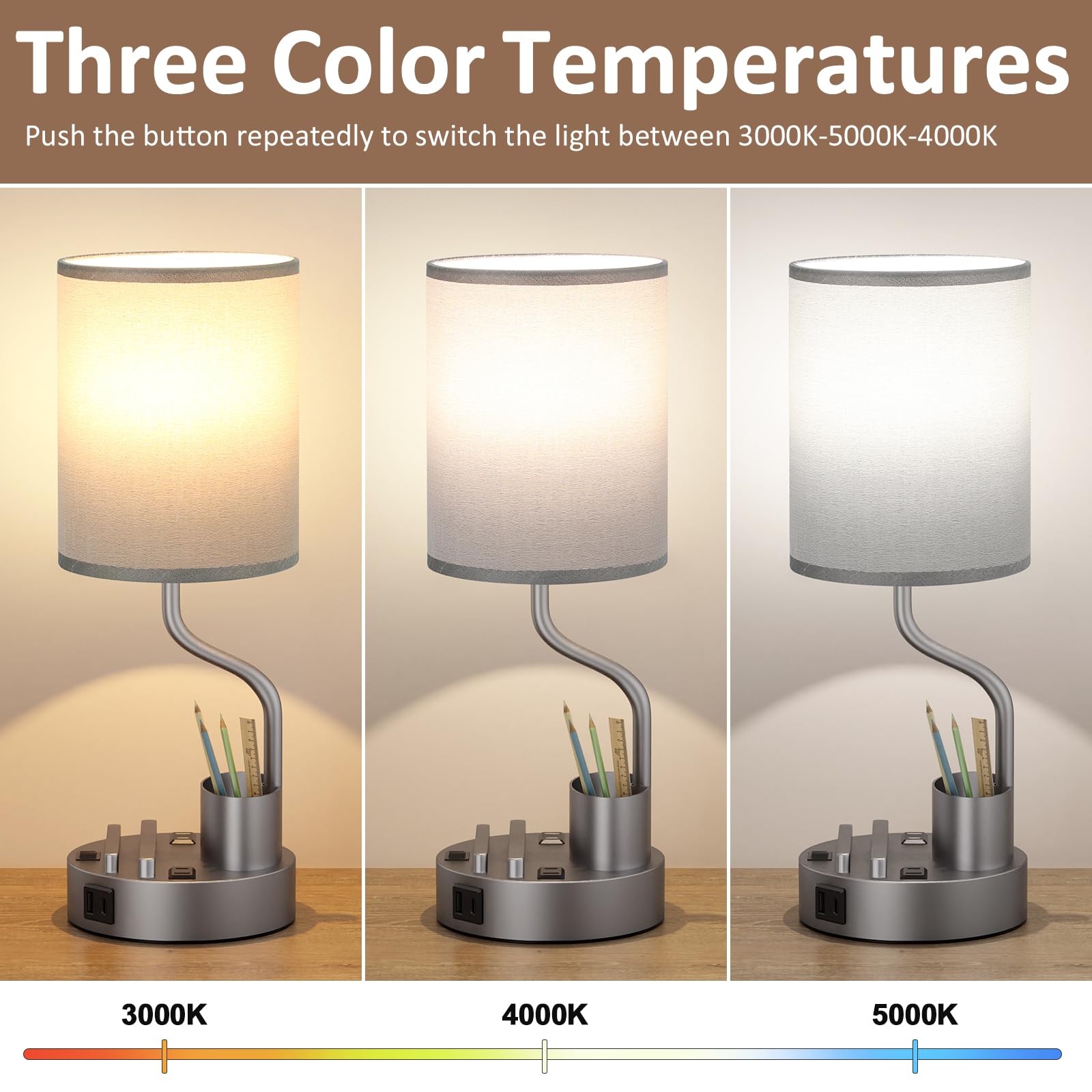 Grey Bedside Table Lamps For Bedroom Set Of 2 - Nightstand Light With Ac Outlet And Usb A & C For Charging, 3 Color Temperatures