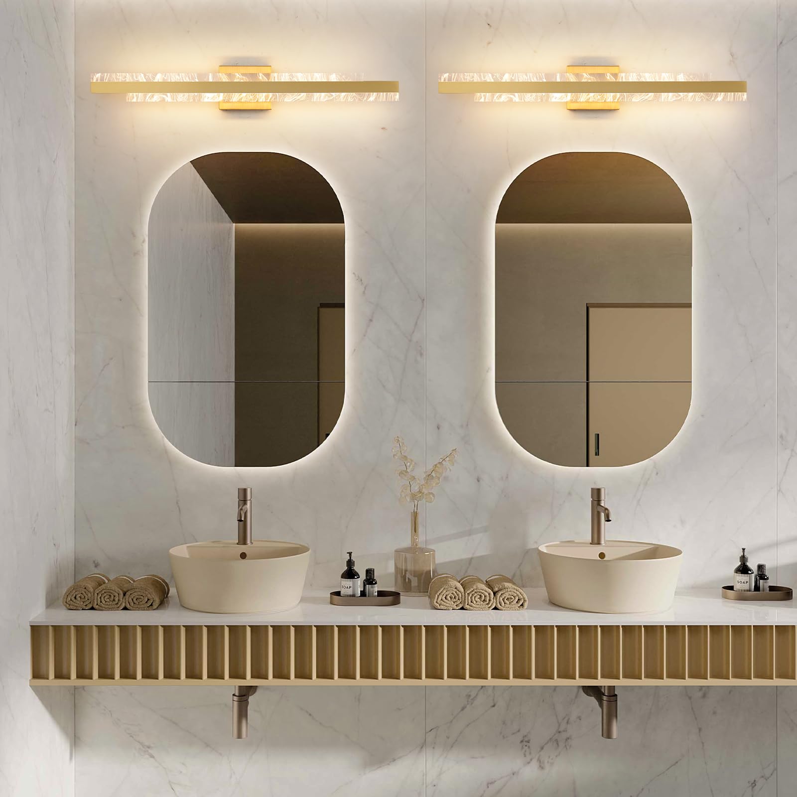 HAHZT Modern Bathroom Vanity Light - 32" Brushed Gold Dimmable LED Wall Sconce, Metal Fixture for Mirror, Model 8075WL, 3000K