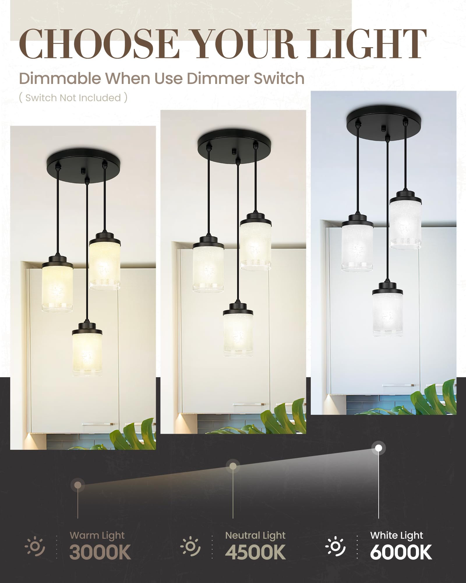 Tengxin 3-Lights Modern Pendant Light With Glass Shade Matte Black Pendant Lighting Adjustable Industrial Retro Style Hanging Li