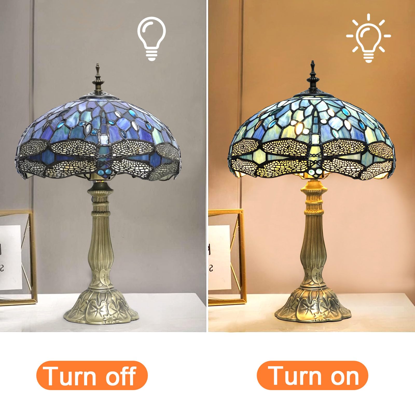 Yingju Tiffany Lamp,Blue Stained Glass Table Lamp,12 * 12 * 18 Inches Dragonfly Style Desk Lamp For Bedroom,Living Room,Home Off