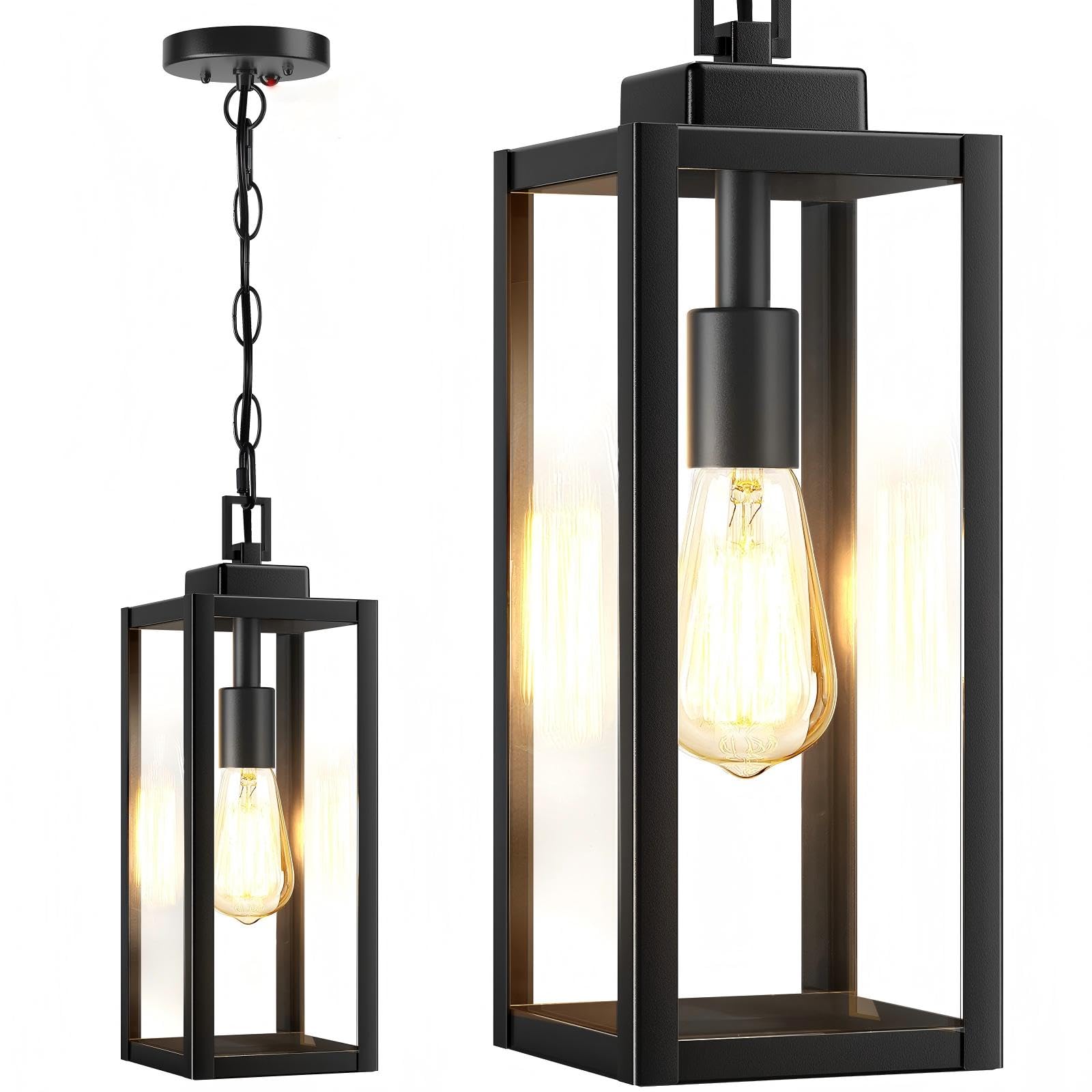 Myhxq 15 Large Motion Sensor Outdoor Pendant Lights  Dusk To Dawn Modern Outside Chandelier Outdoor Hanging Lantern With Clear Glass  Exterior Pendant Lighting Fixture For Porch  Yard  Black  1Pack