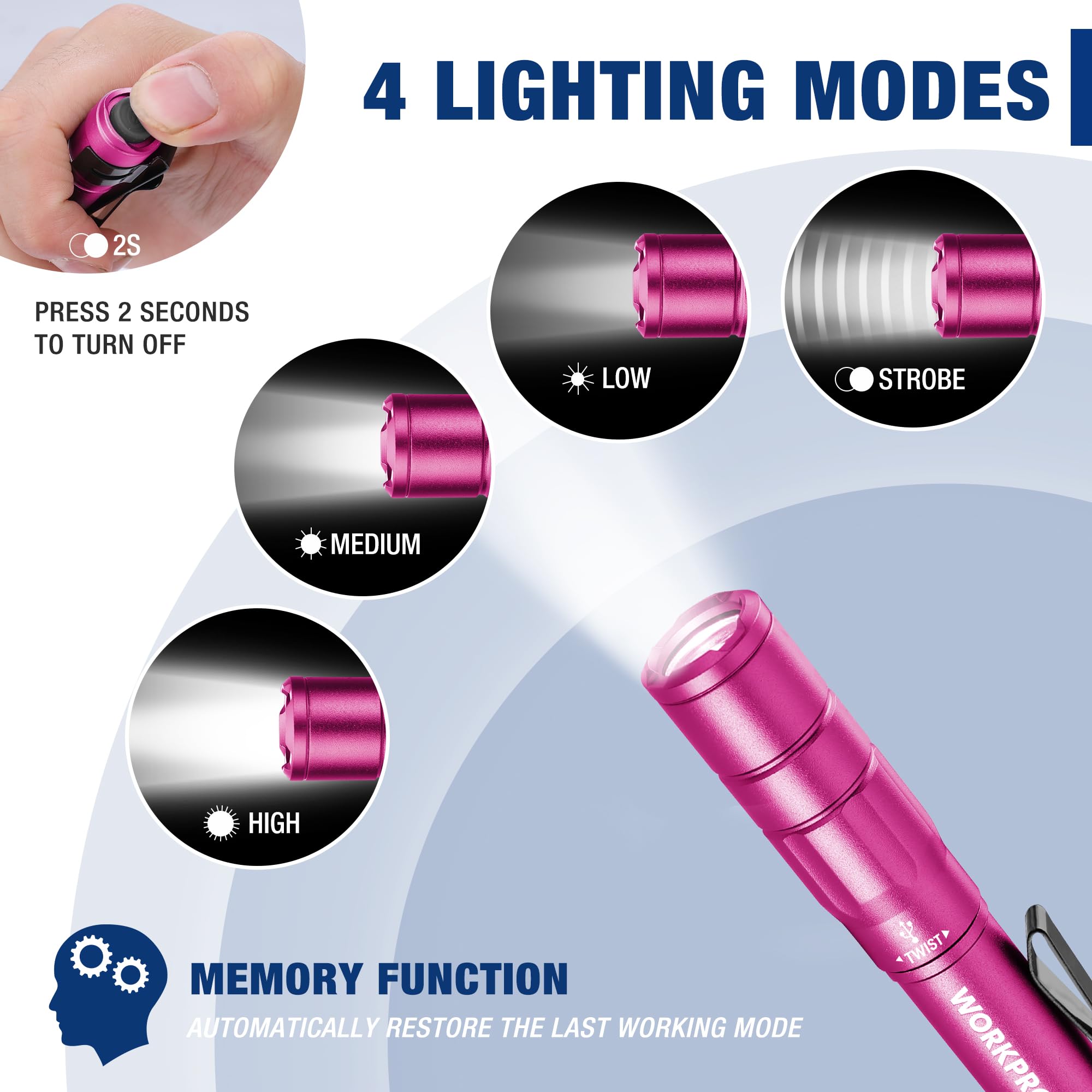 WORKPRO Rechargeable Pen Light, Mini Flashlight 2-Pack, Aluminum, Pink, Model W139022, Includes USB C Cables