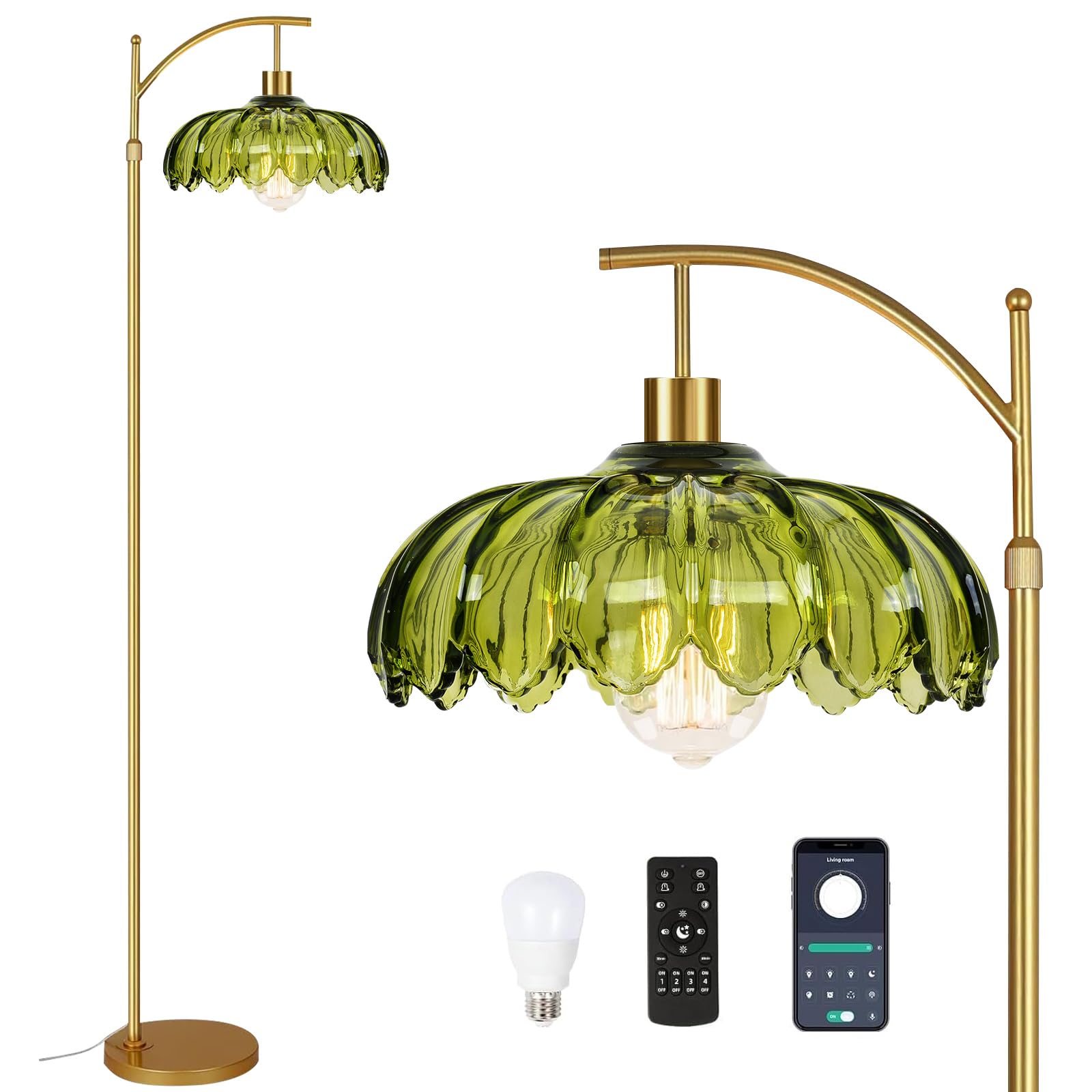 ZECOXOL Gold Floor Lamp, Vintage Glass with Remote Control, Dimmable, 10.2in Tall, Brass, Green-Glass, Mid Century Modern Design