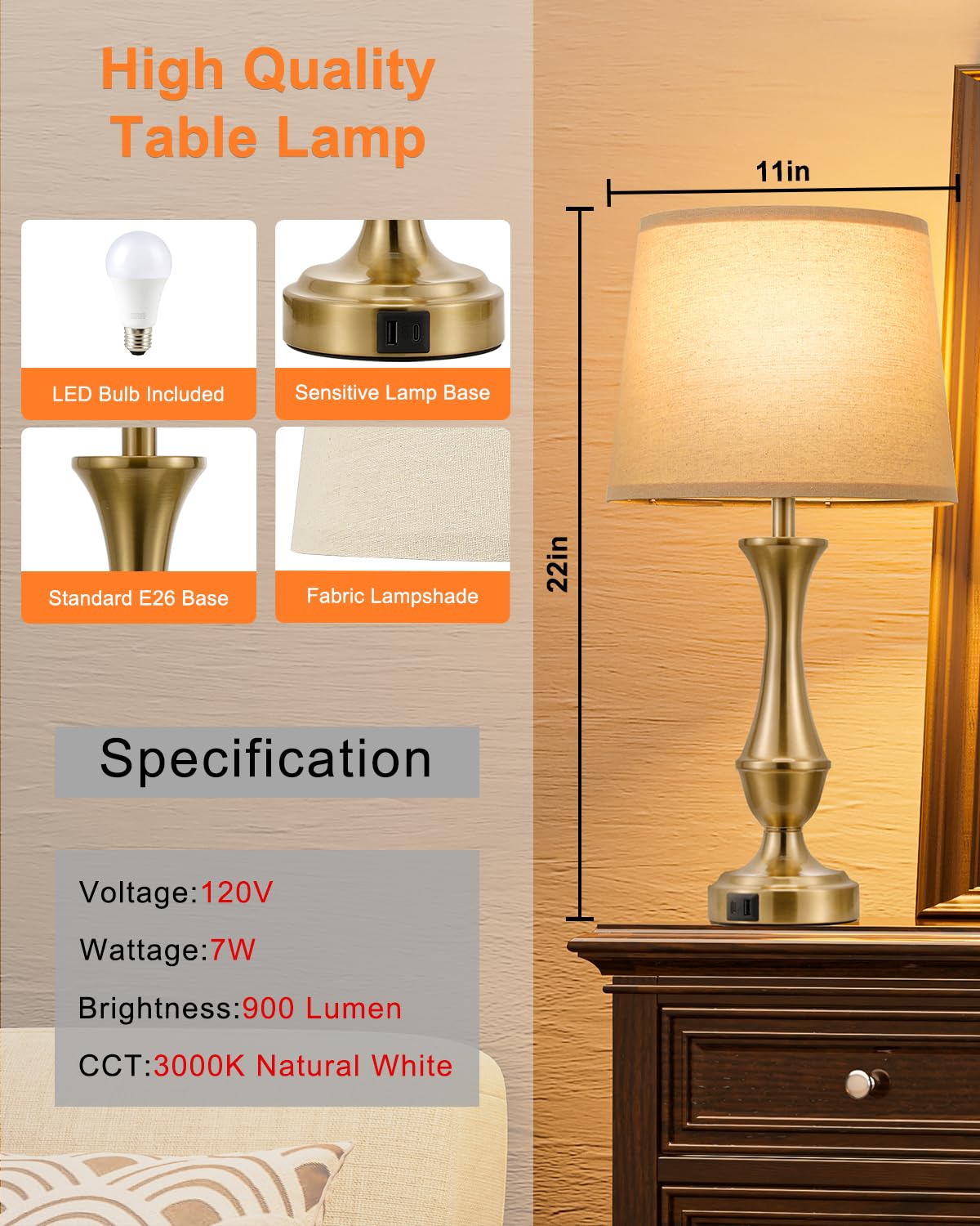 Seealle Touch Lamps Set of 2 - 3 Way Dimmable, USB C+A, Metal, Brown Shade & Gold Base, Model 040710