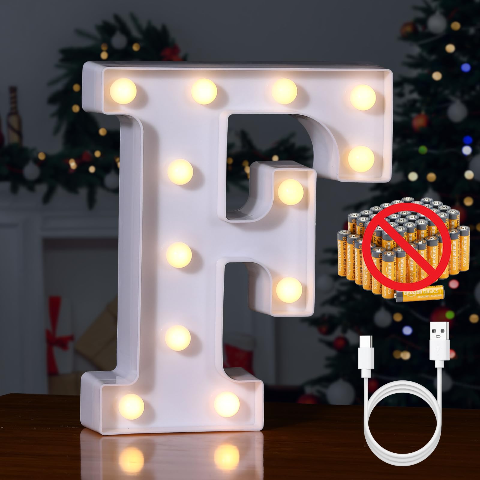 Foaky LED Letter Lights Sign, Rechargeable Warm Light, Model Recharge-ABS, Size F, Plastic Decoration for Parties and Home