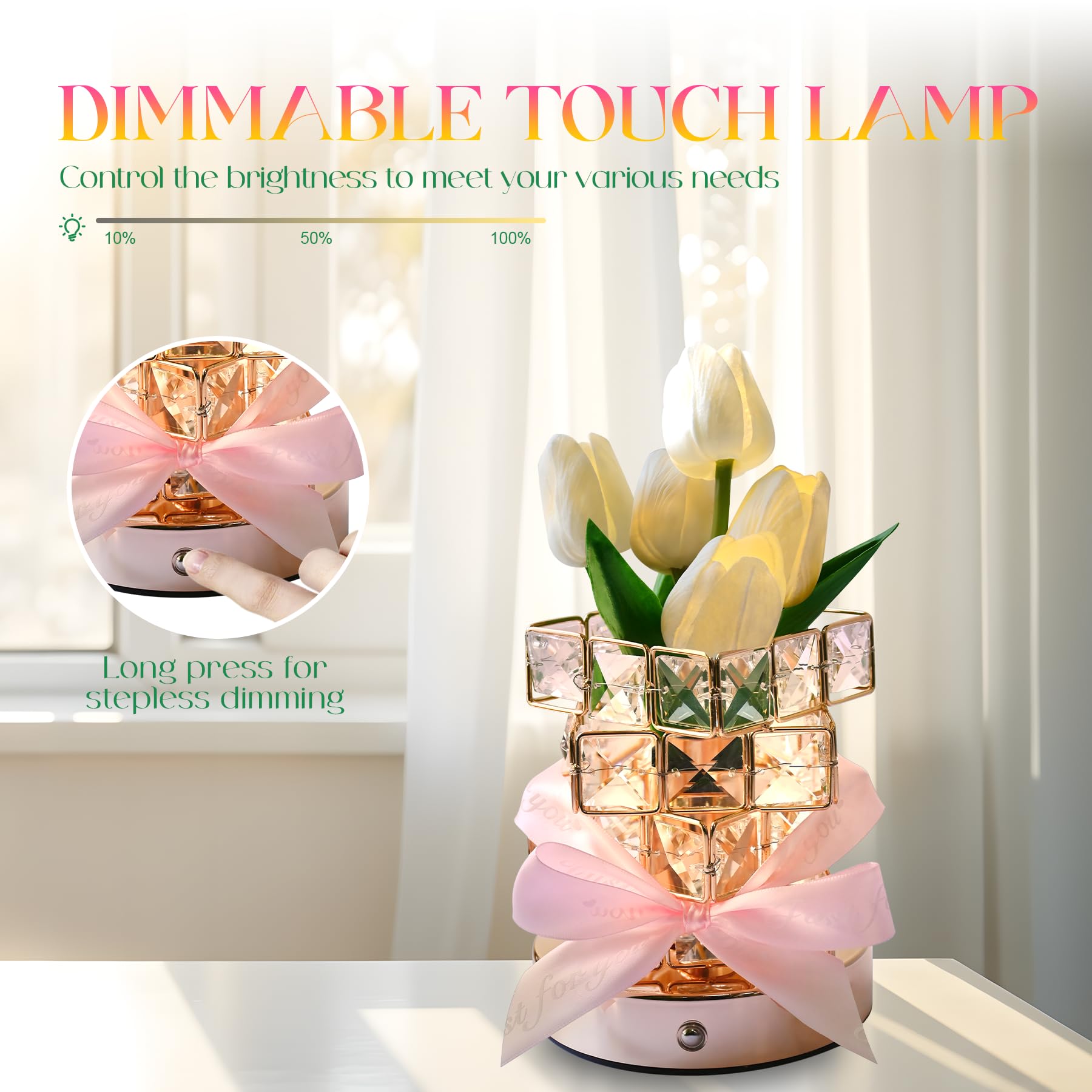 Nuunuy Mother'S Day Gifts For Her, Birthday Gifts For Women,Led Tulip Cordless Night Light Dimmable Crystal Base With Usb Charge