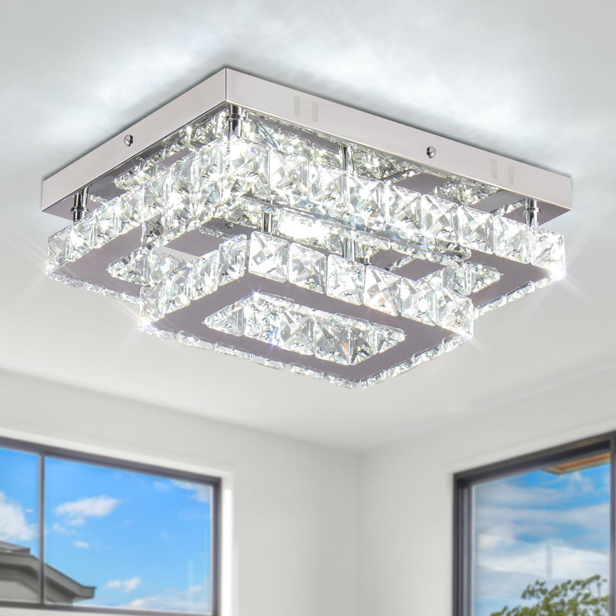 Finktonglan Led Crystal Ceiling Light, Modern K9 Stainless Steel Flush Mount For Living Room/Bedroom